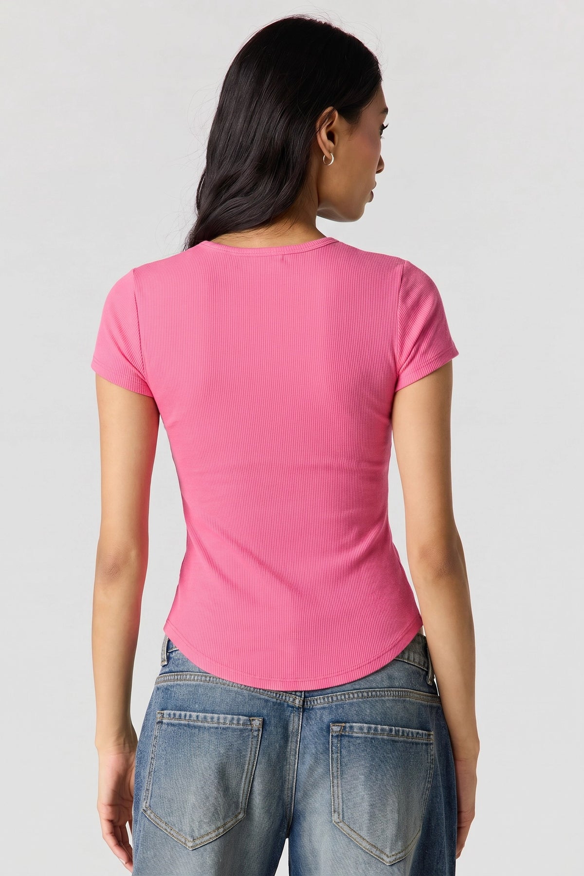 Alt View 2. Ribbed Curved Hem T-Shirt - Pink
