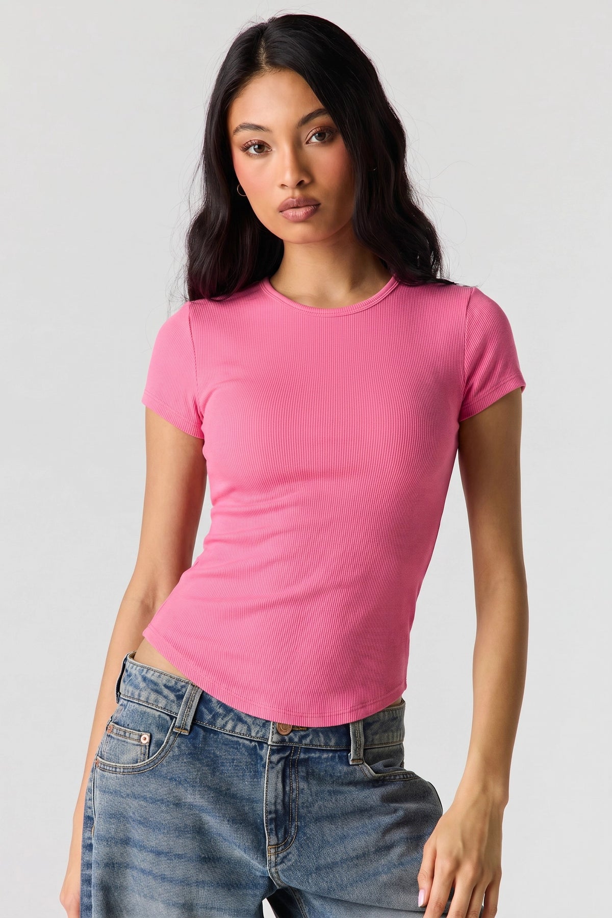 Ribbed Curved Hem T-Shirt - Pink