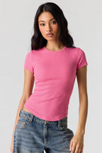 Ribbed Curved Hem T-Shirt