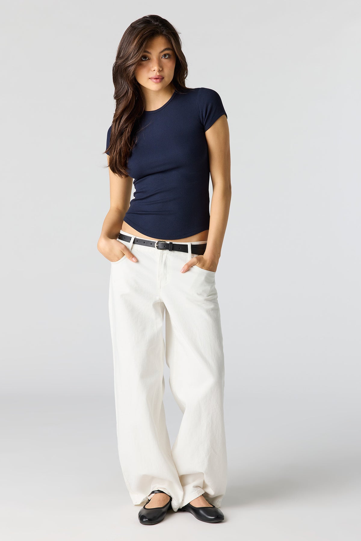 Alt View 3. Ribbed Curved Hem T-Shirt - Navy