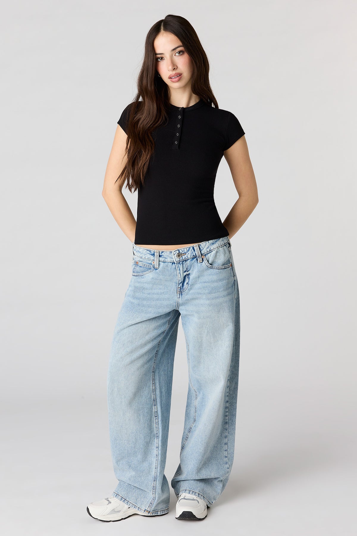 Alt View 3. Ribbed Classic Henley Top - Black