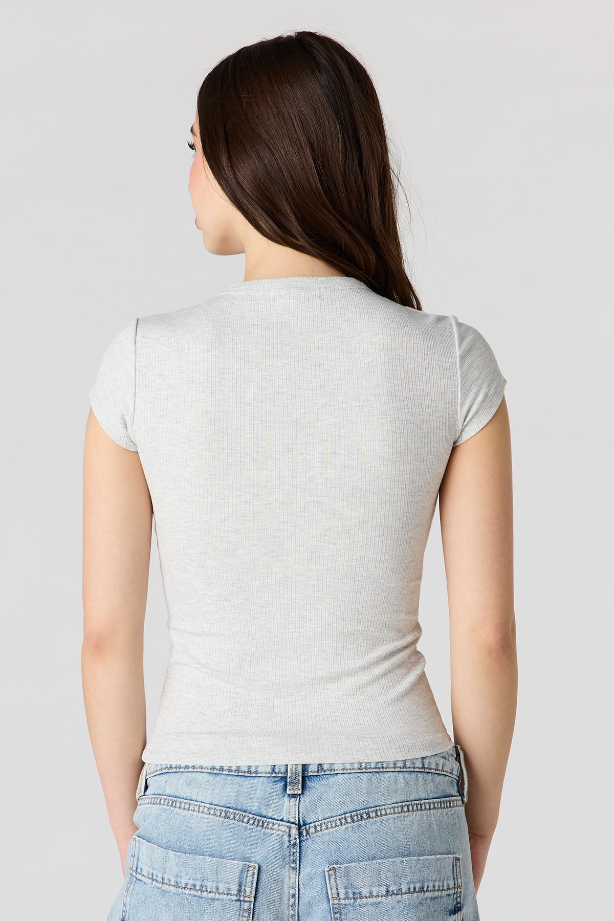 Alt View 2. Ribbed Classic Henley Top - Heather Grey
