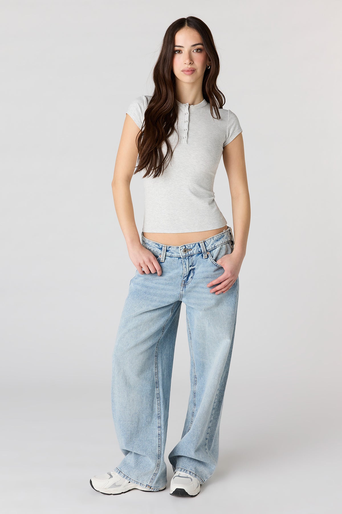 Alt View 3. Ribbed Classic Henley Top - Heather Grey