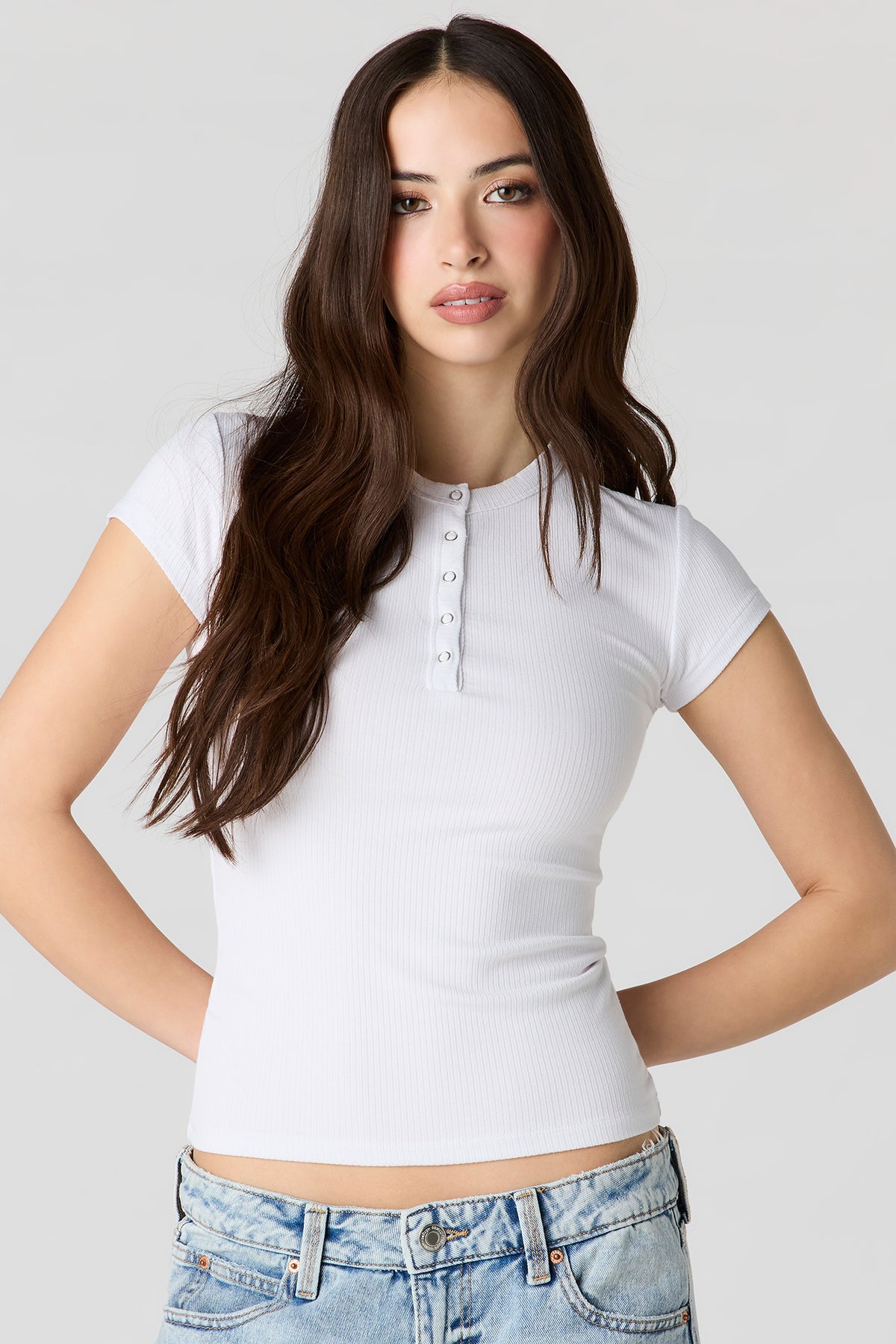 Ribbed Classic Henley Top - White