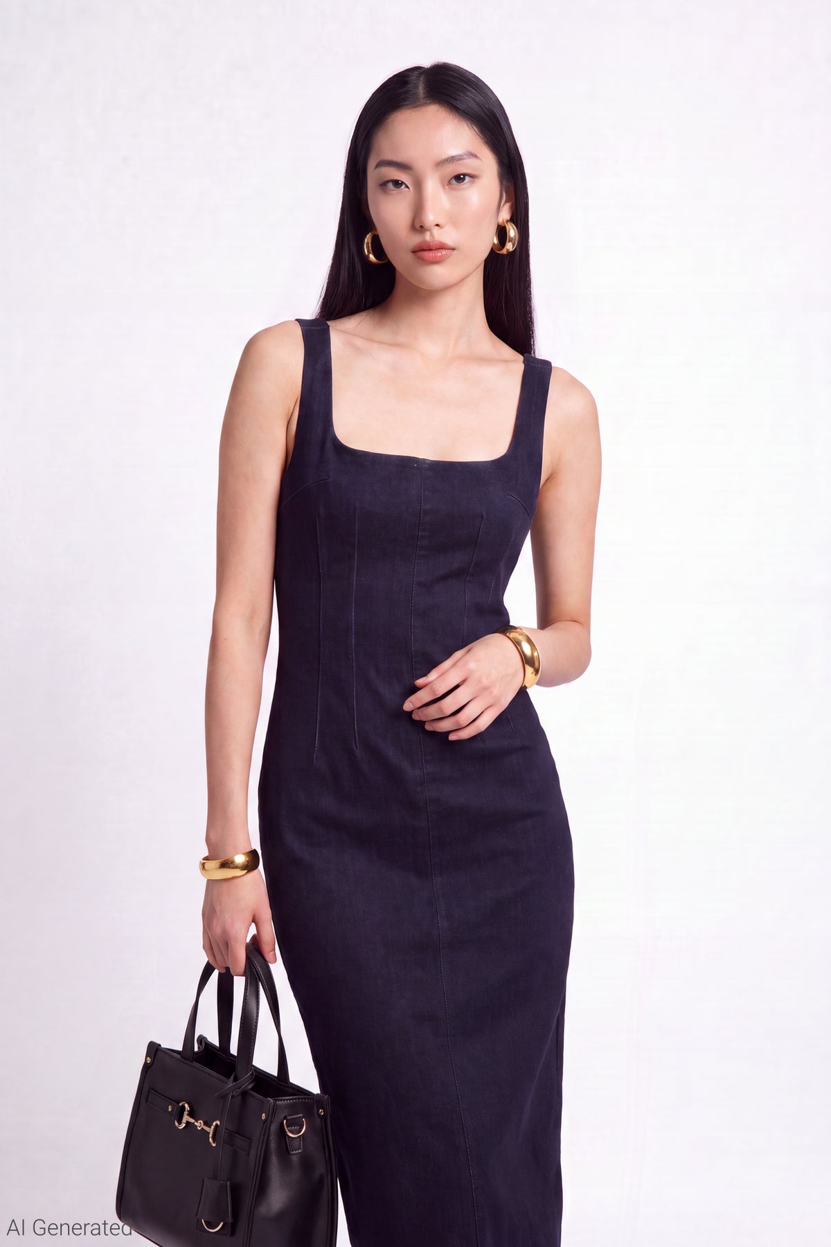 Alt View 3. Denim Square Neck Maxi Dress - Rinse Denim