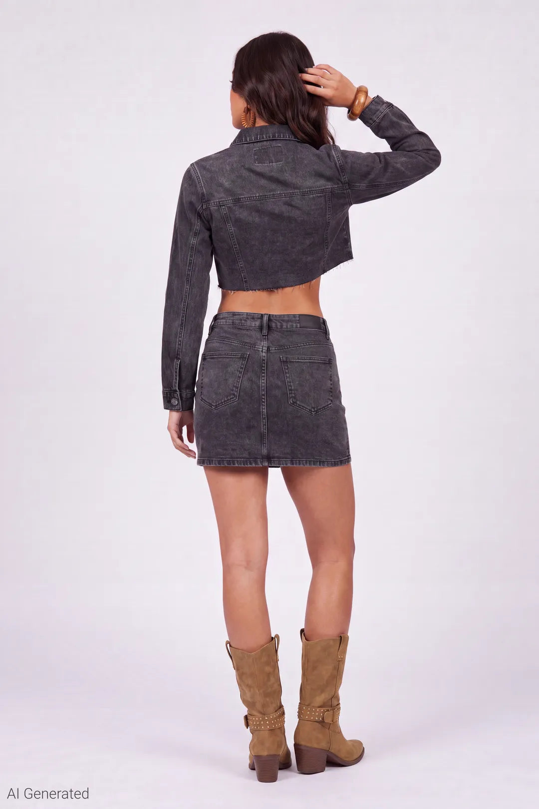Alt View 3. Cropped Ripped Denim Jacket - Charcoal