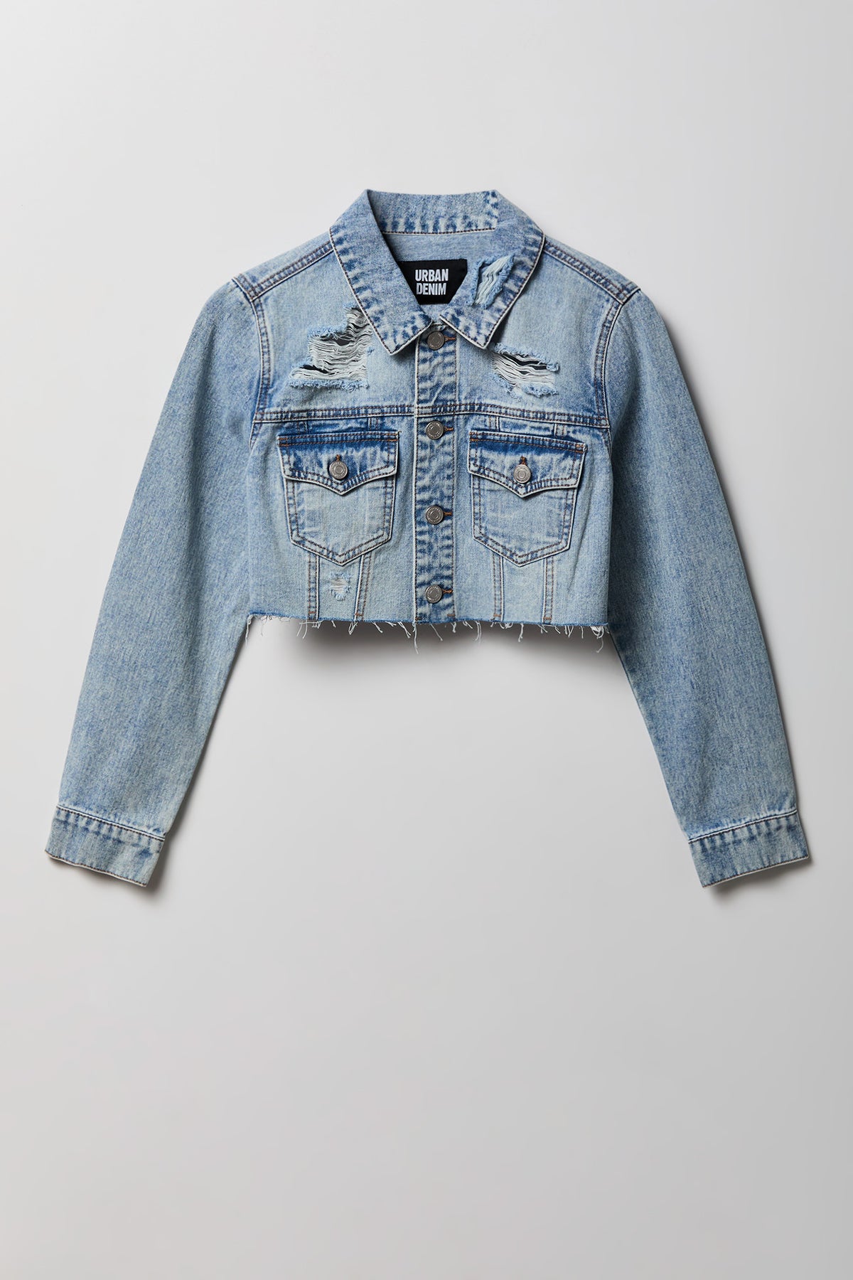 Cropped Ripped Denim Jacket - Light Denim Blue