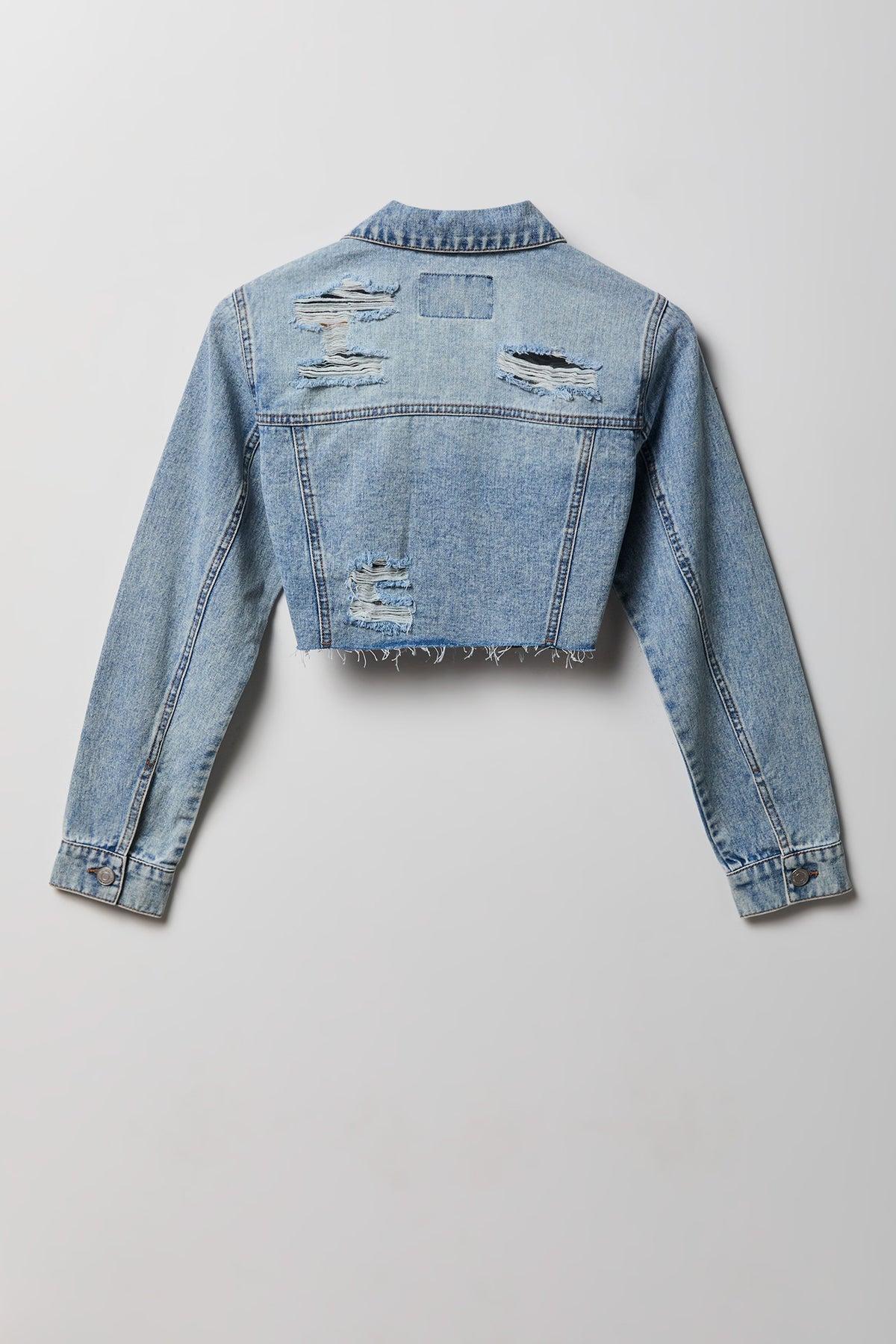 Alt View 2. Cropped Ripped Denim Jacket - Light Denim Blue