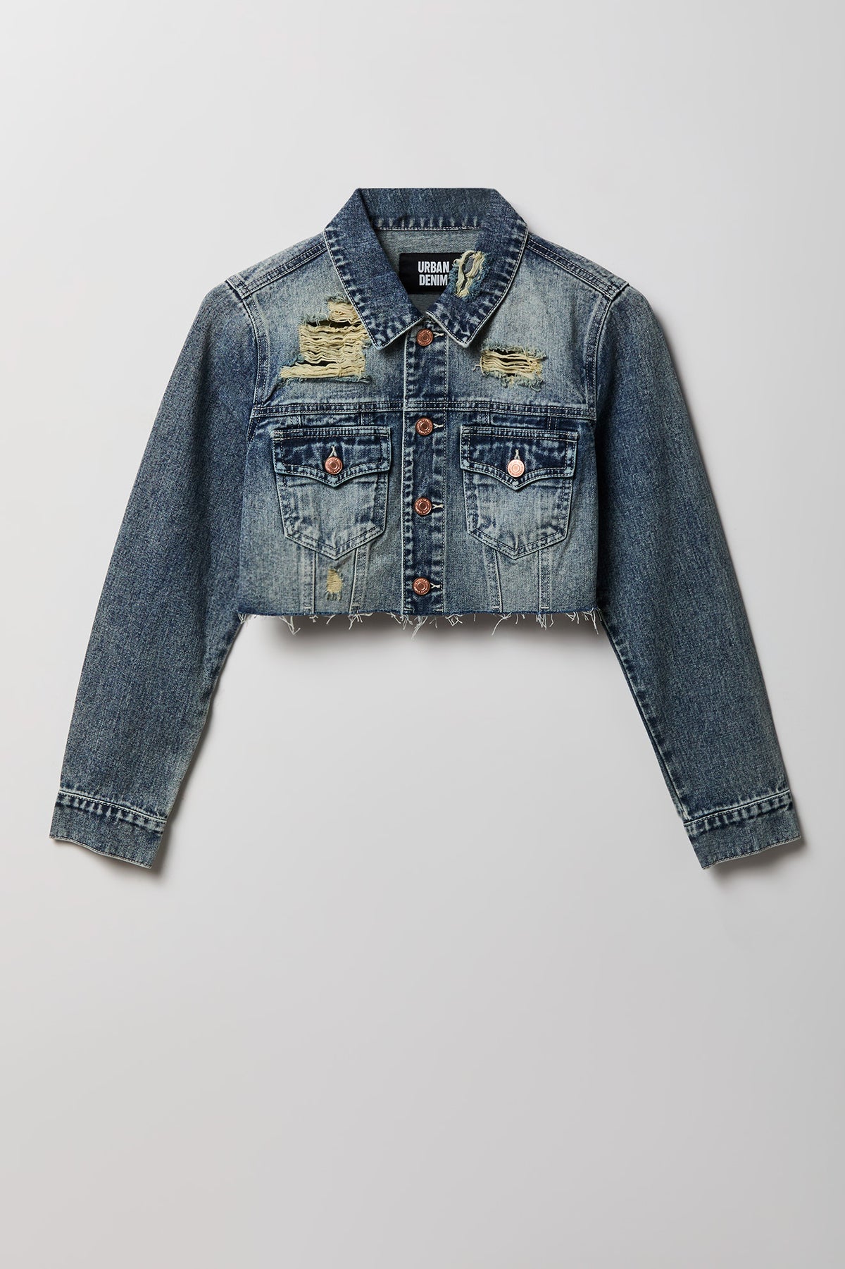 Cropped Ripped Denim Jacket - Midnight Blue