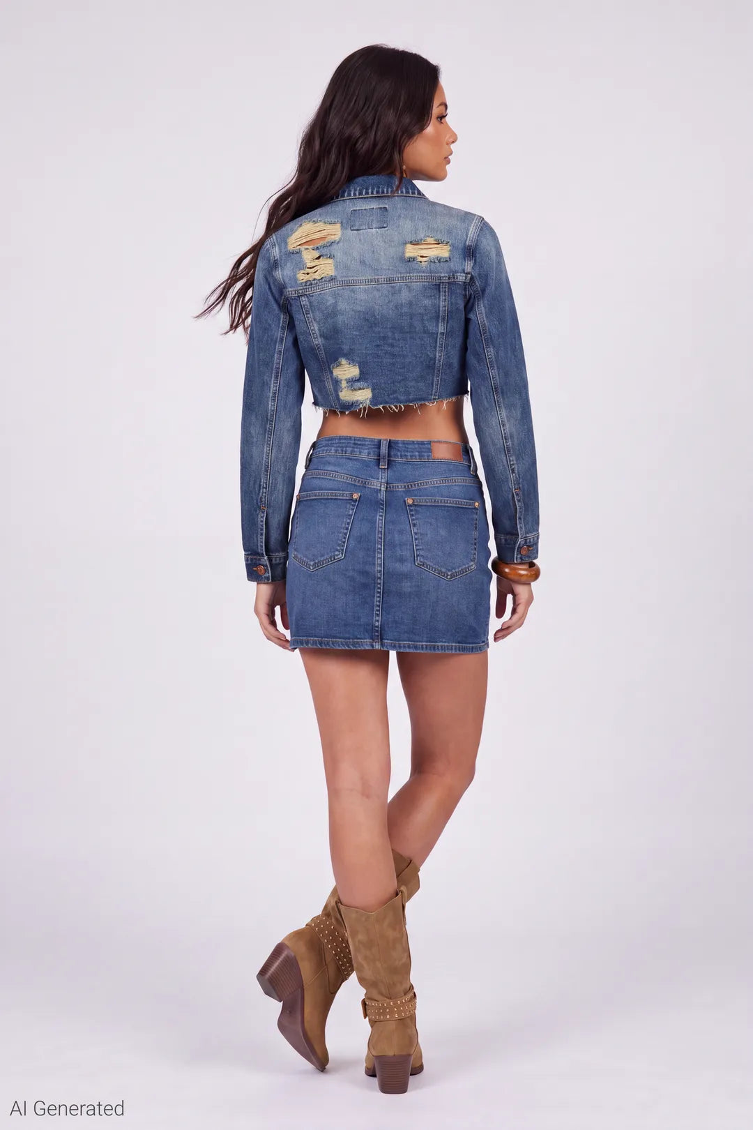 Alt View 3. Cropped Ripped Denim Jacket - Midnight Blue