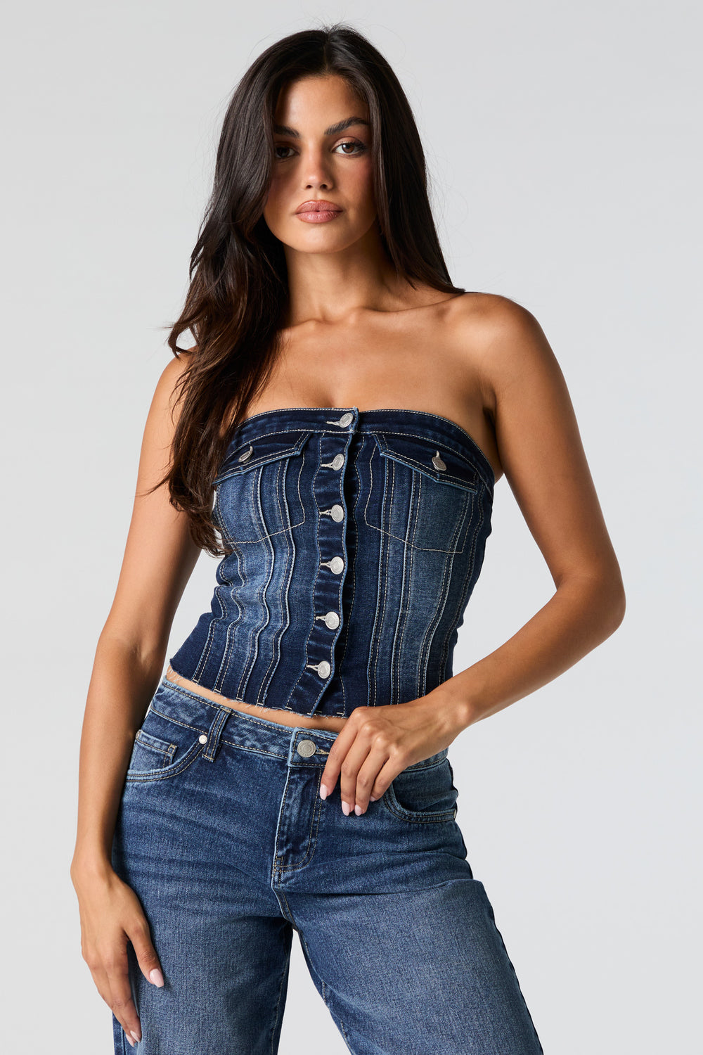 Denim Button Front Tube Top Denim Button Front Tube Top 4