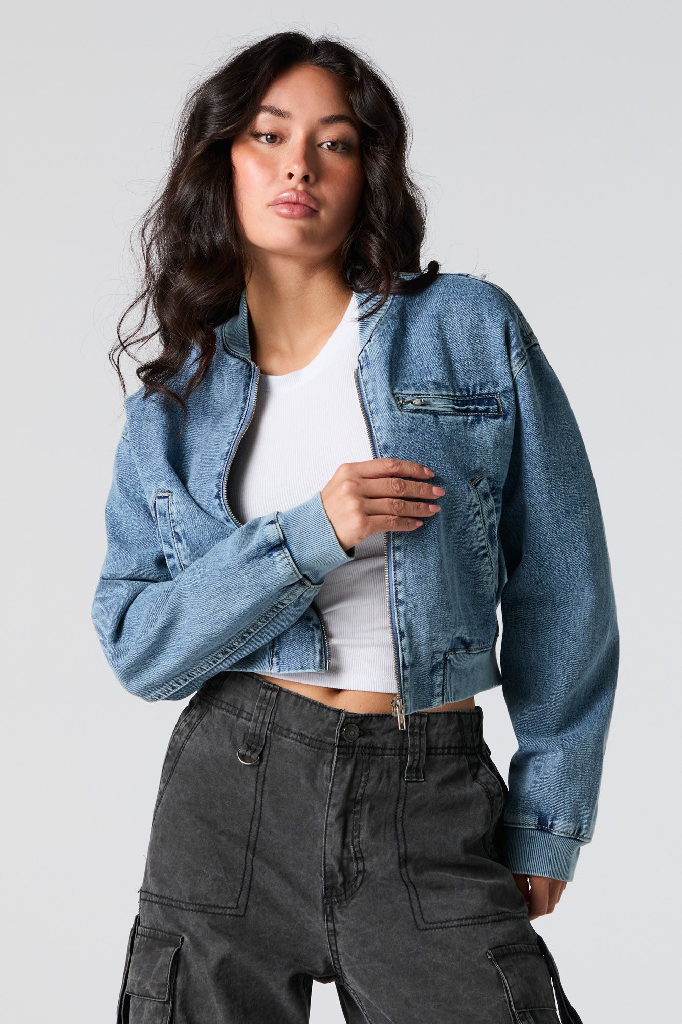 Denim Cropped Bomber Jacket