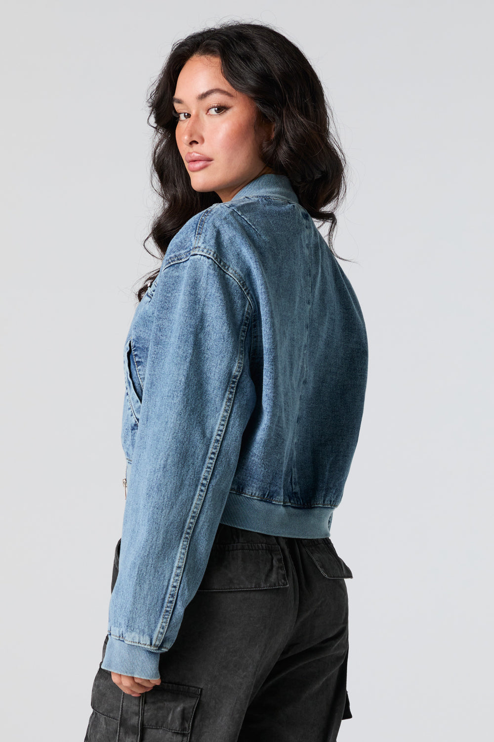 Denim Cropped Bomber Jacket Denim Cropped Bomber Jacket 2