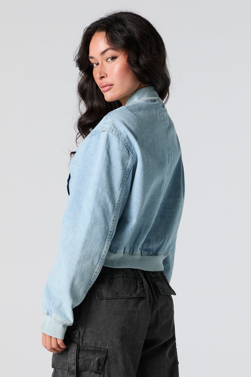 Denim Cropped Bomber Jacket Denim Cropped Bomber Jacket 5