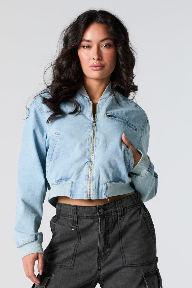 Denim Cropped Bomber Jacket