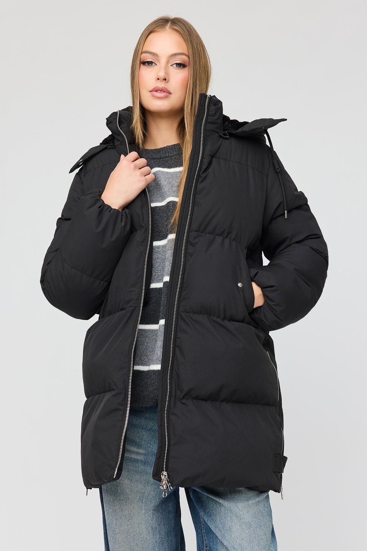 Cozy Lux Faux Fur Lined Midi Puffer Jacket - Black
