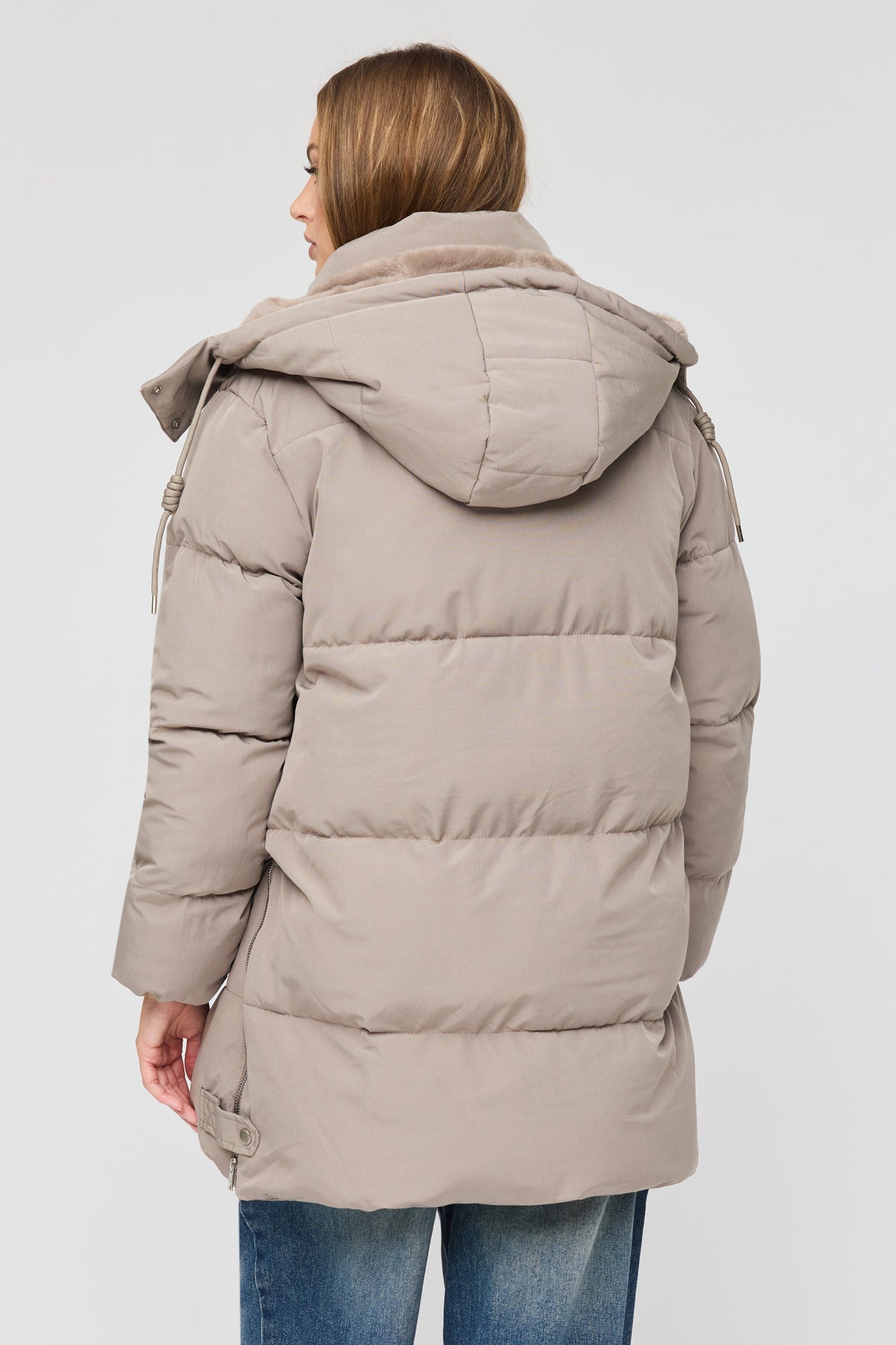 Alt View 2. Cozy Lux Faux Fur Lined Midi Puffer Jacket - Taupe