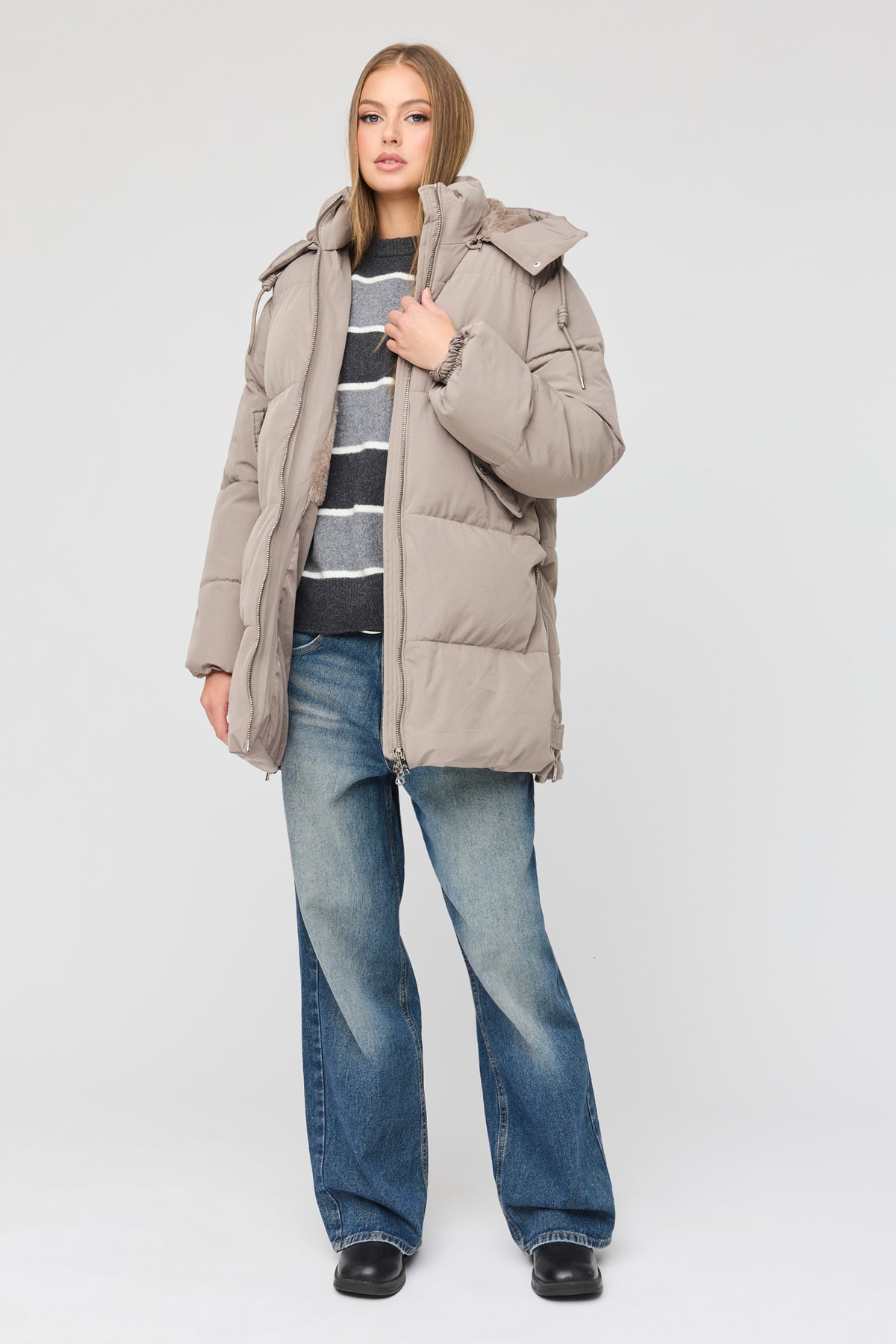 Alt View 3. Cozy Lux Faux Fur Lined Midi Puffer Jacket - Taupe