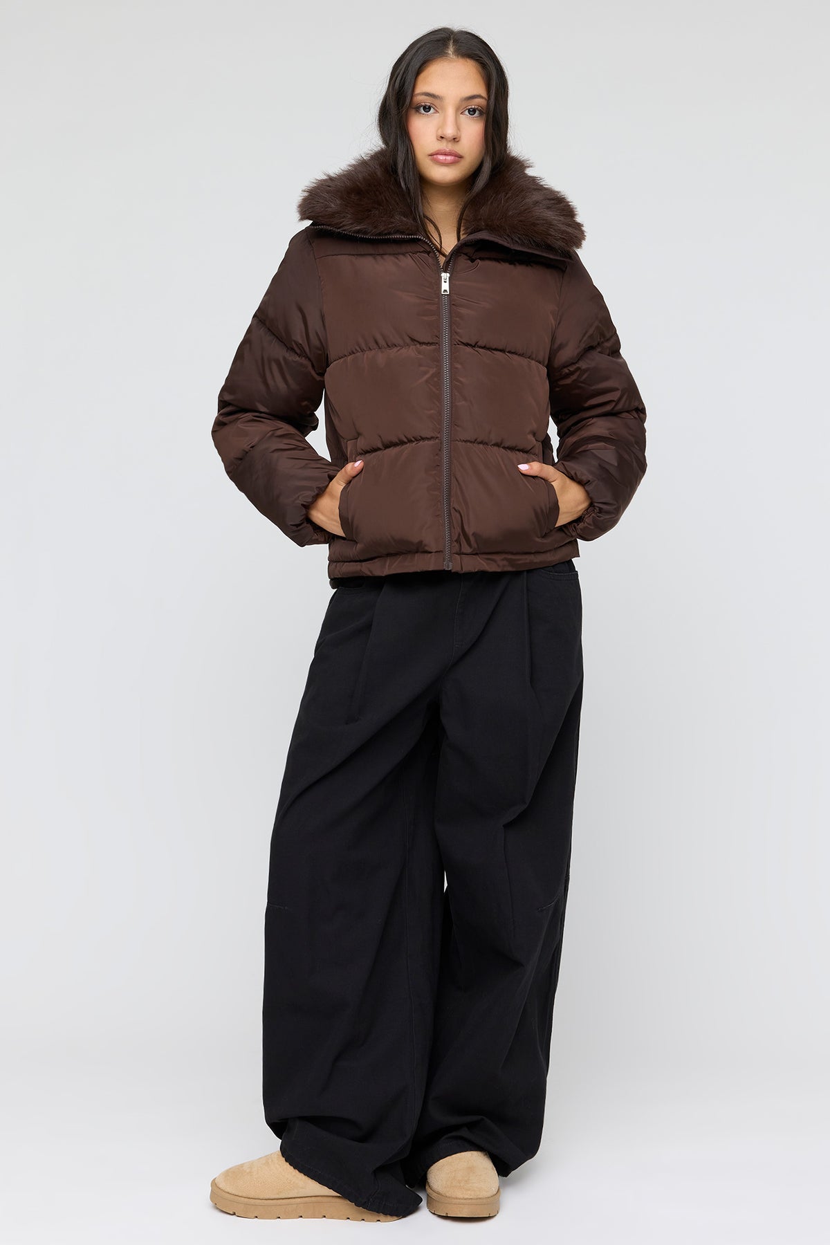 Alt View 3. Faux Fur Collar Puffer Jacket - Brown