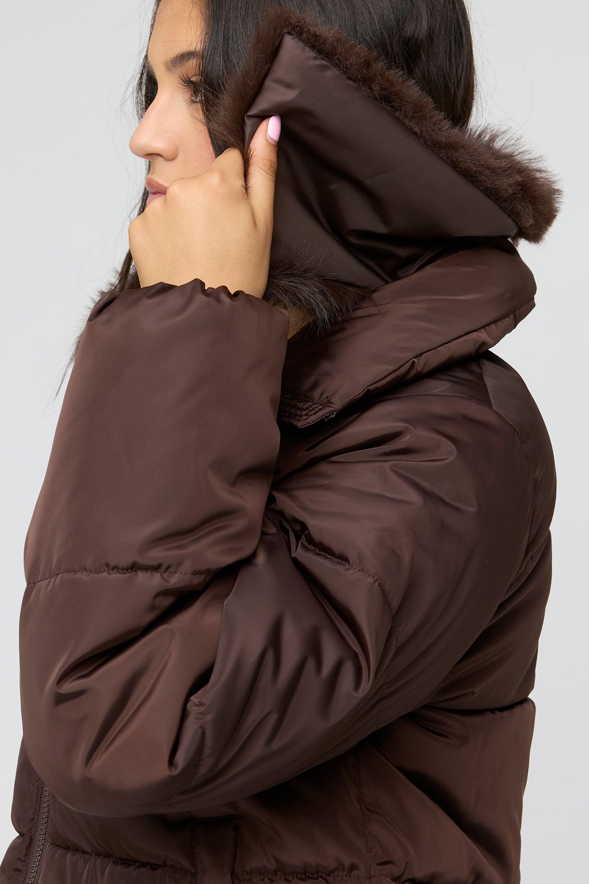 Alt View 4. Faux Fur Collar Puffer Jacket - Brown