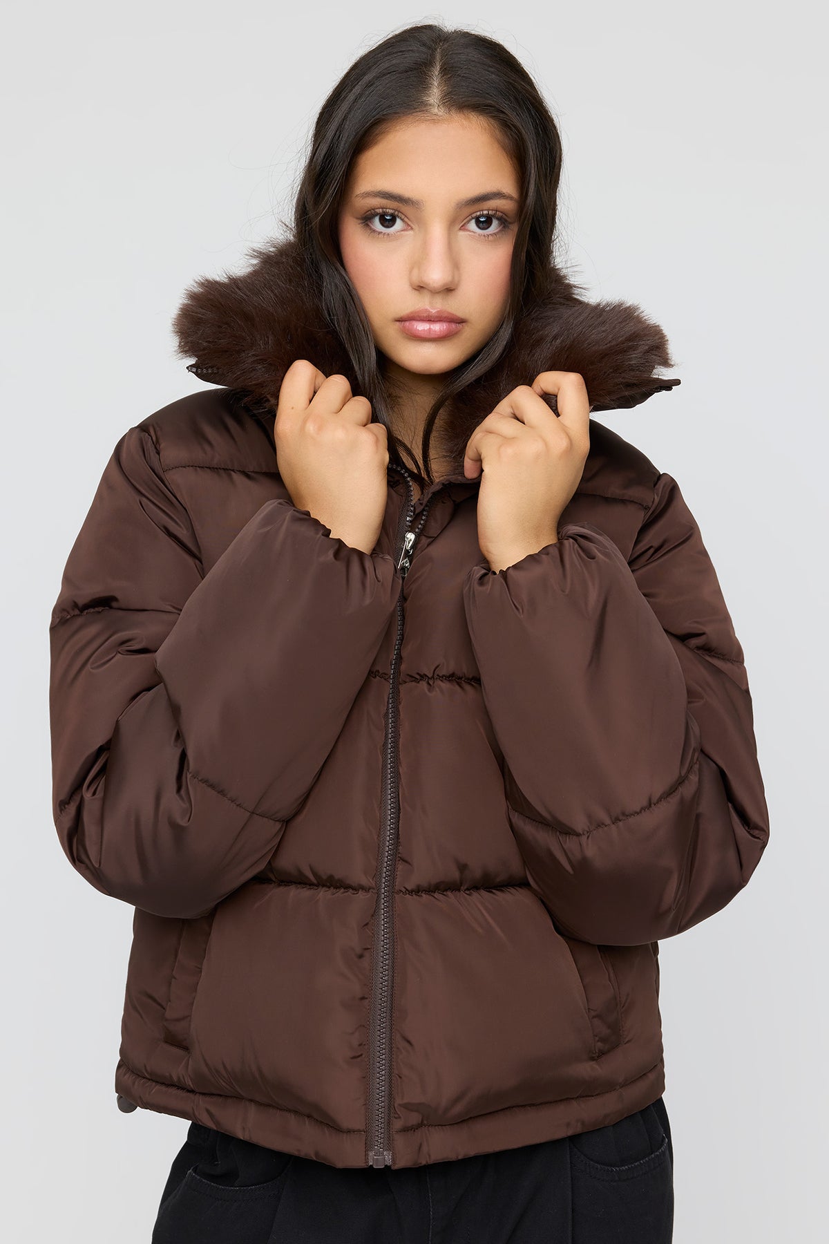 Faux Fur Collar Puffer Jacket - Brown