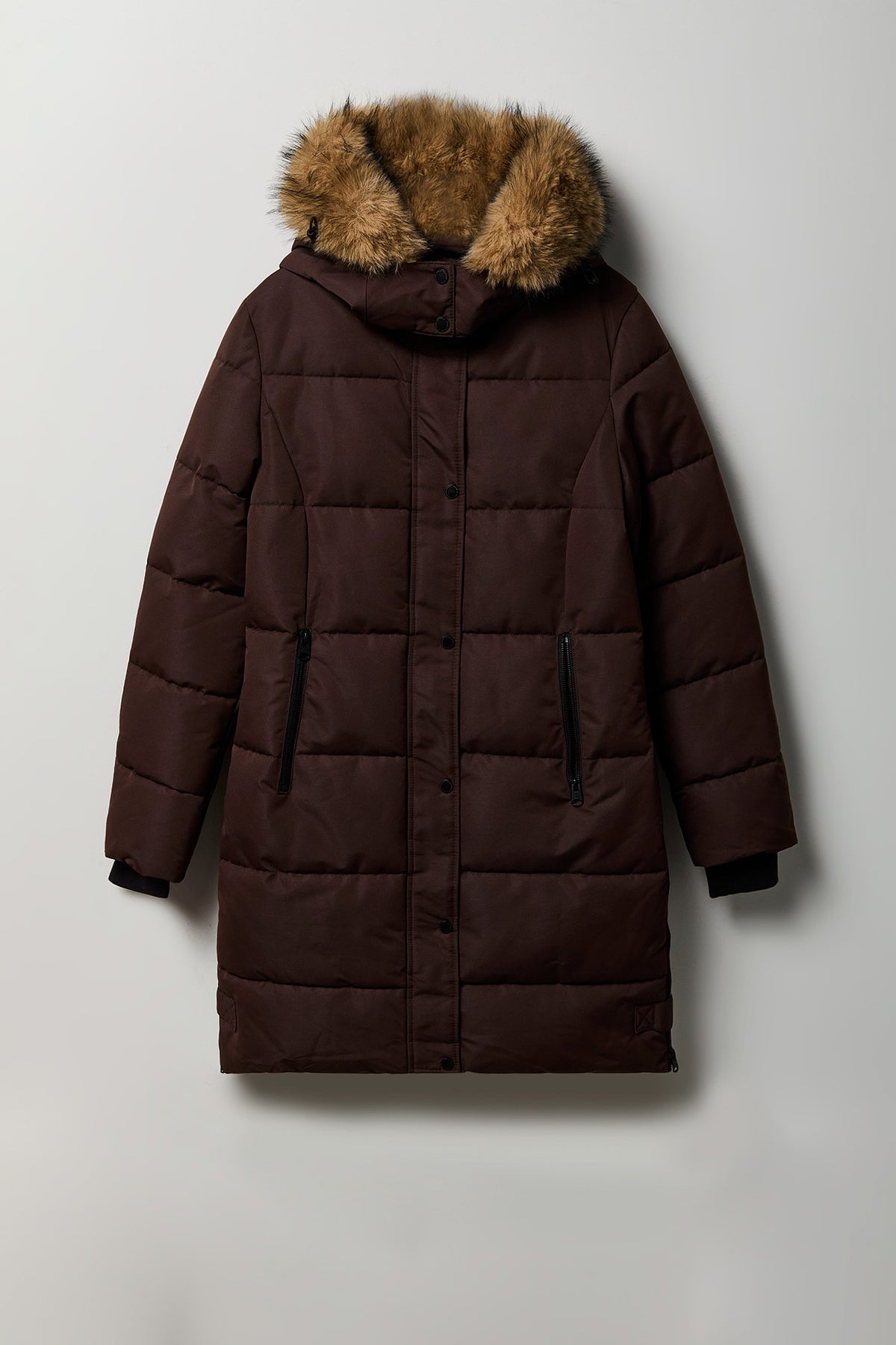 City Faux Fur Trim Midi Puffer Jacket - Brown