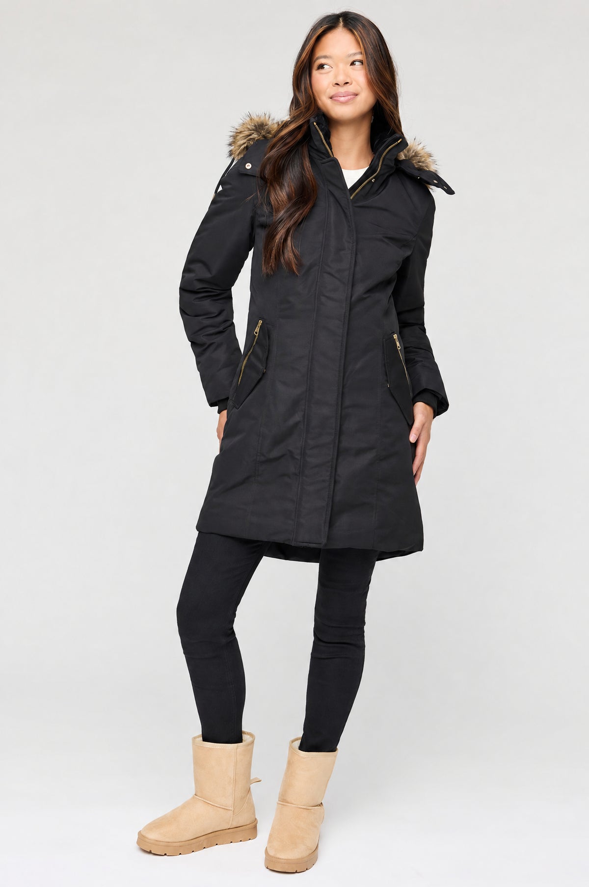 Faux Fur Lined Midi Parka - Black