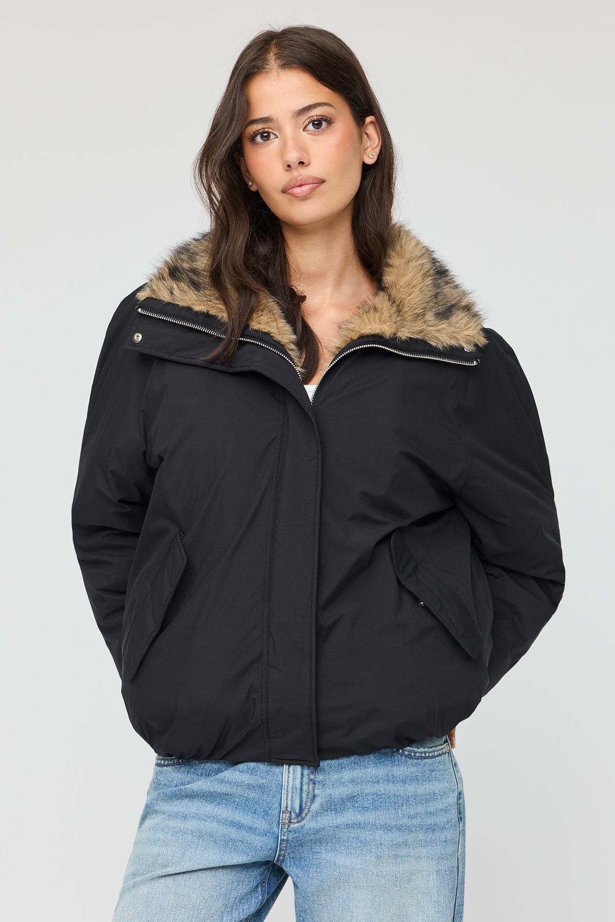 Faux Fur Trim Bomber Jacket - Black
