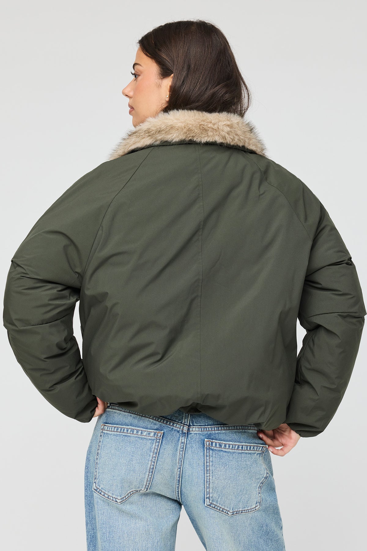 Alt View 2. Faux Fur Trim Bomber Jacket - Dark Green