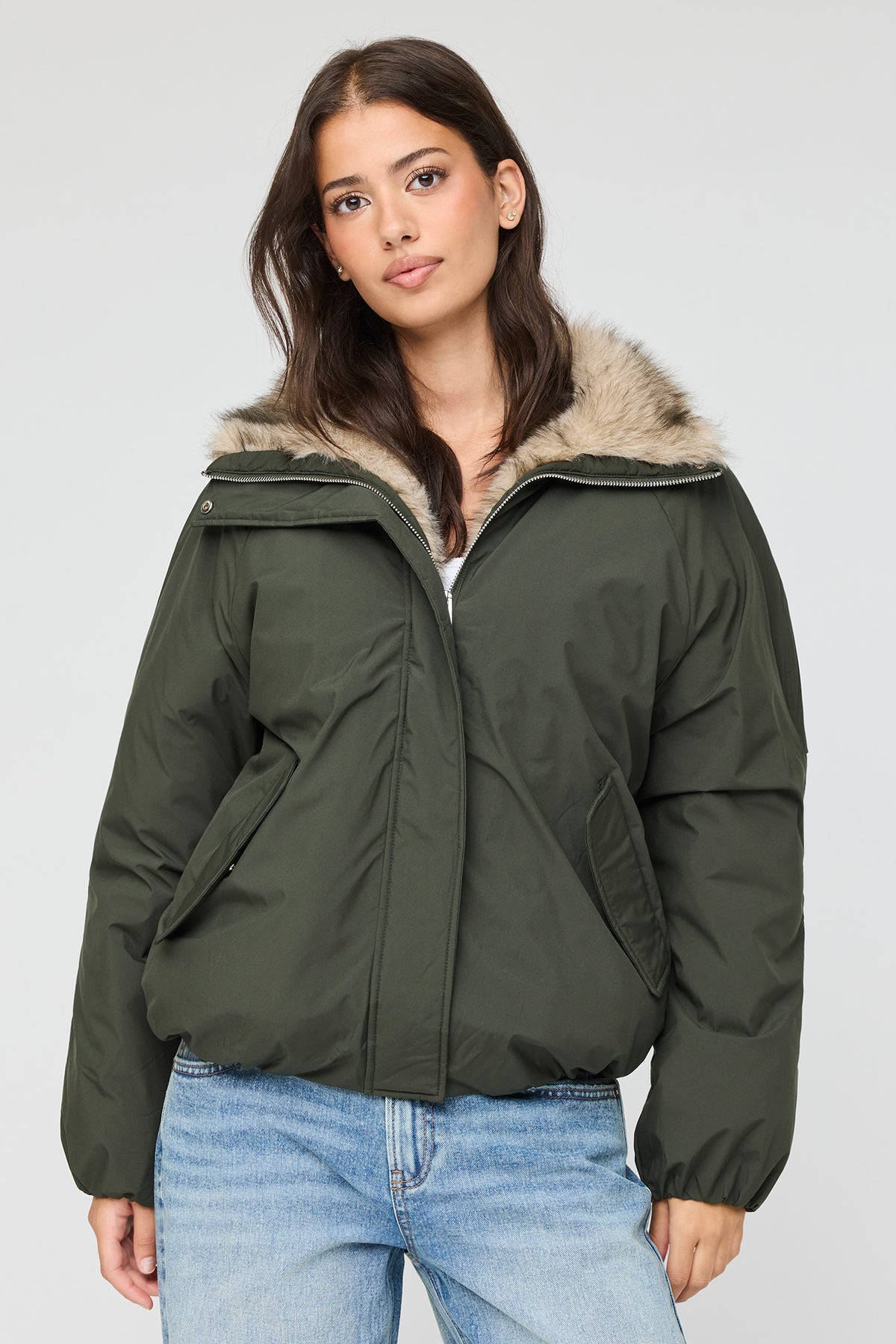 Faux Fur Trim Bomber Jacket - Dark Green