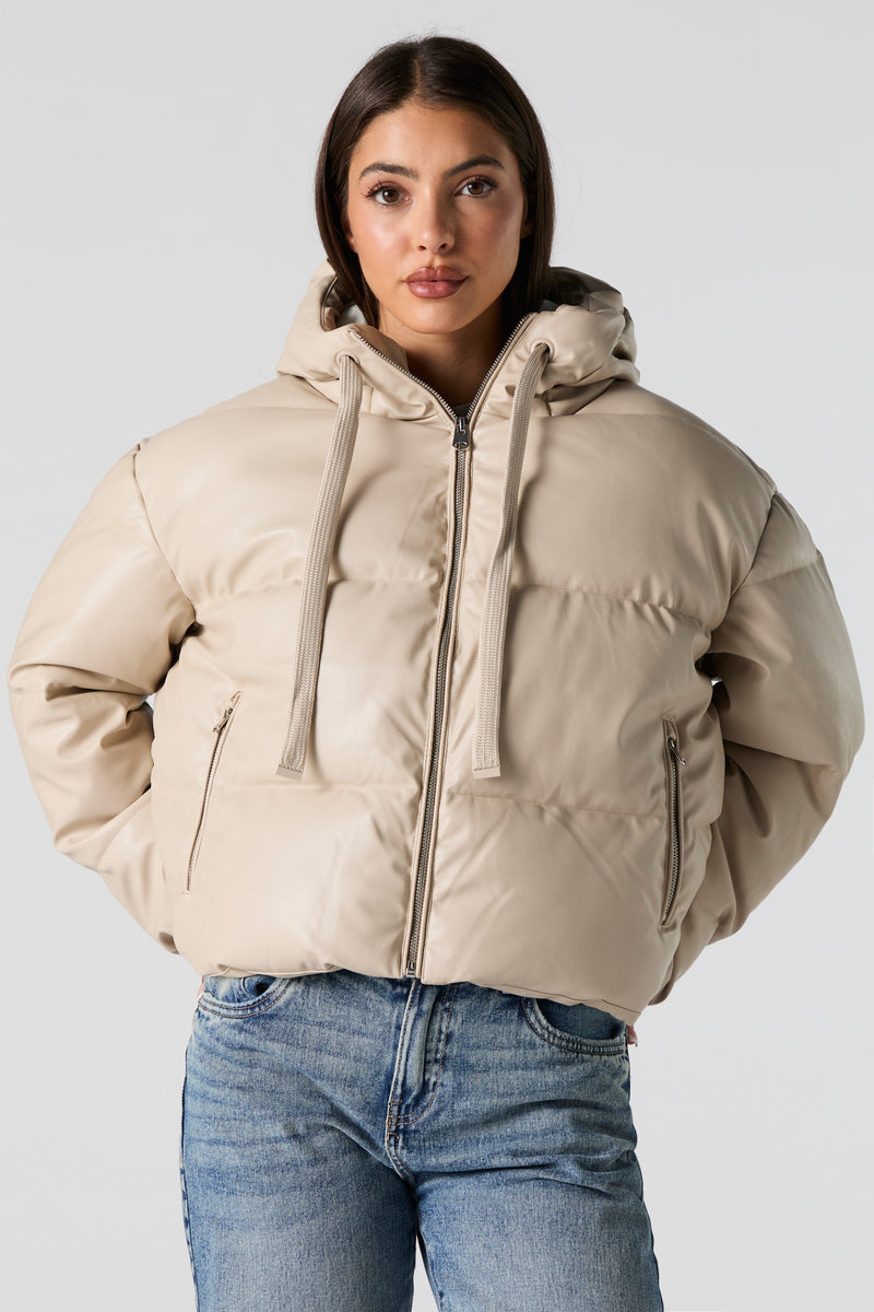 Faux Leather Hooded Puffer Jacket