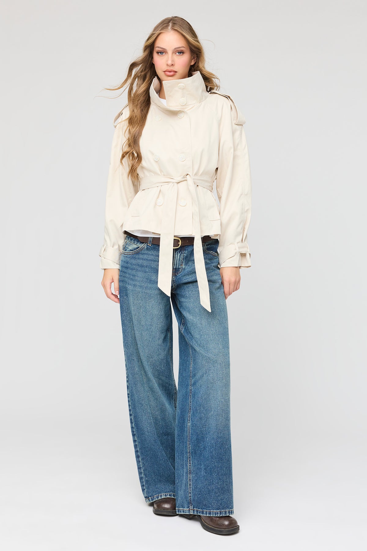 Alt View 3. Mock Neck Trench Coat - Oatmeal