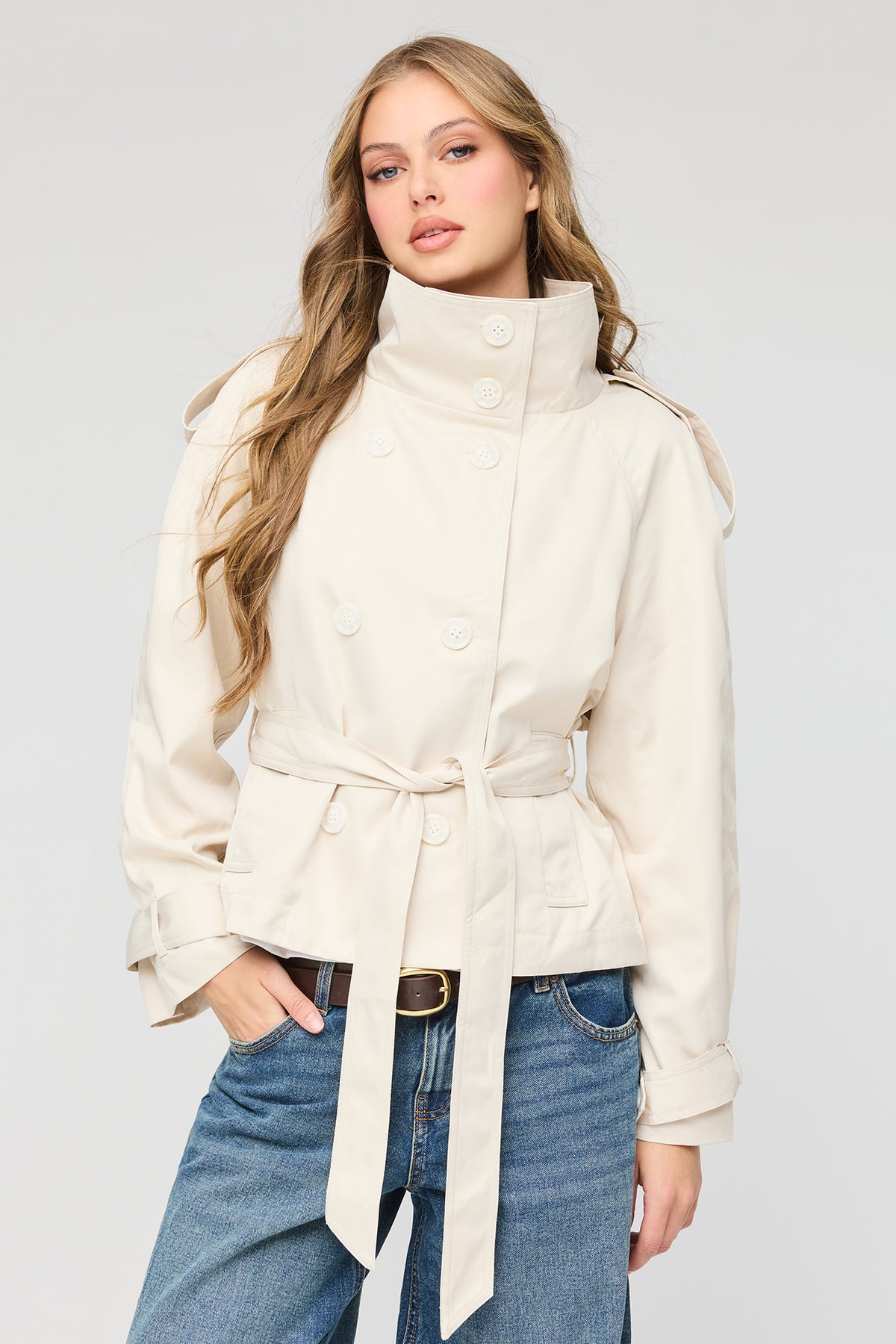 Mock Neck Trench Coat - Oatmeal