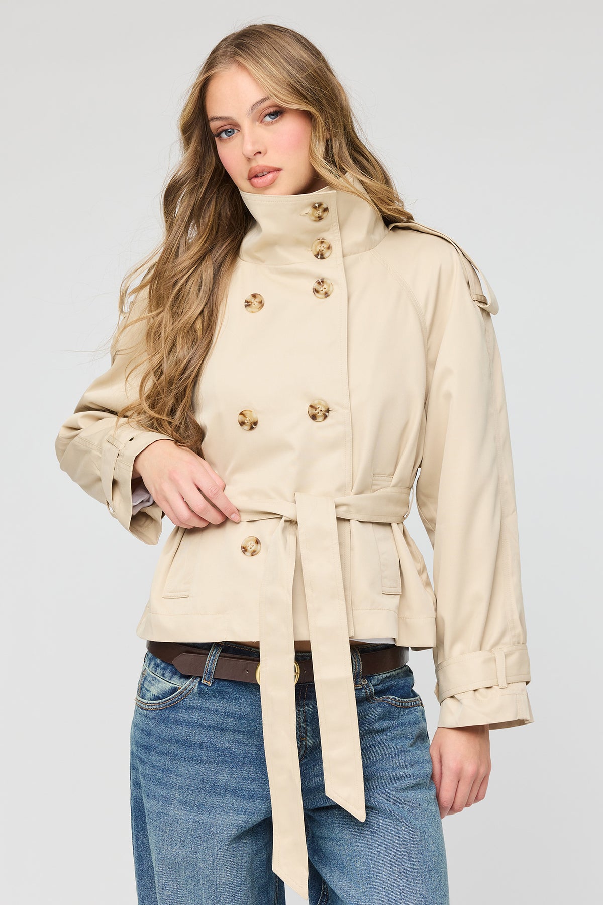 Mock Neck Trench Coat - Tan