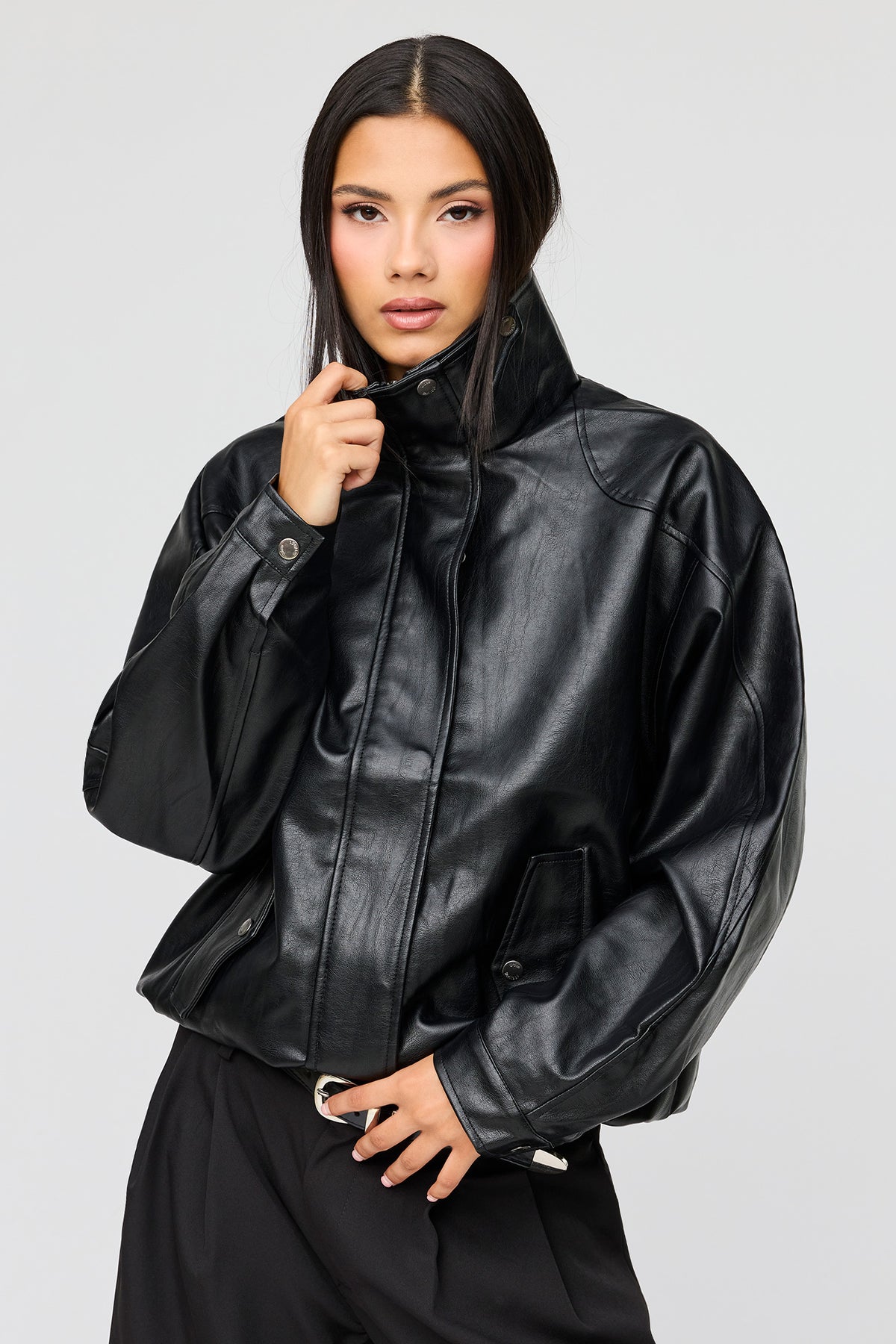 Oversized Faux Leather Jacket - Black