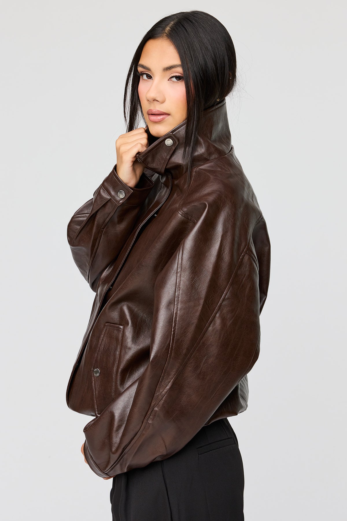Alt View 2. Oversized Faux Leather Jacket - Brown