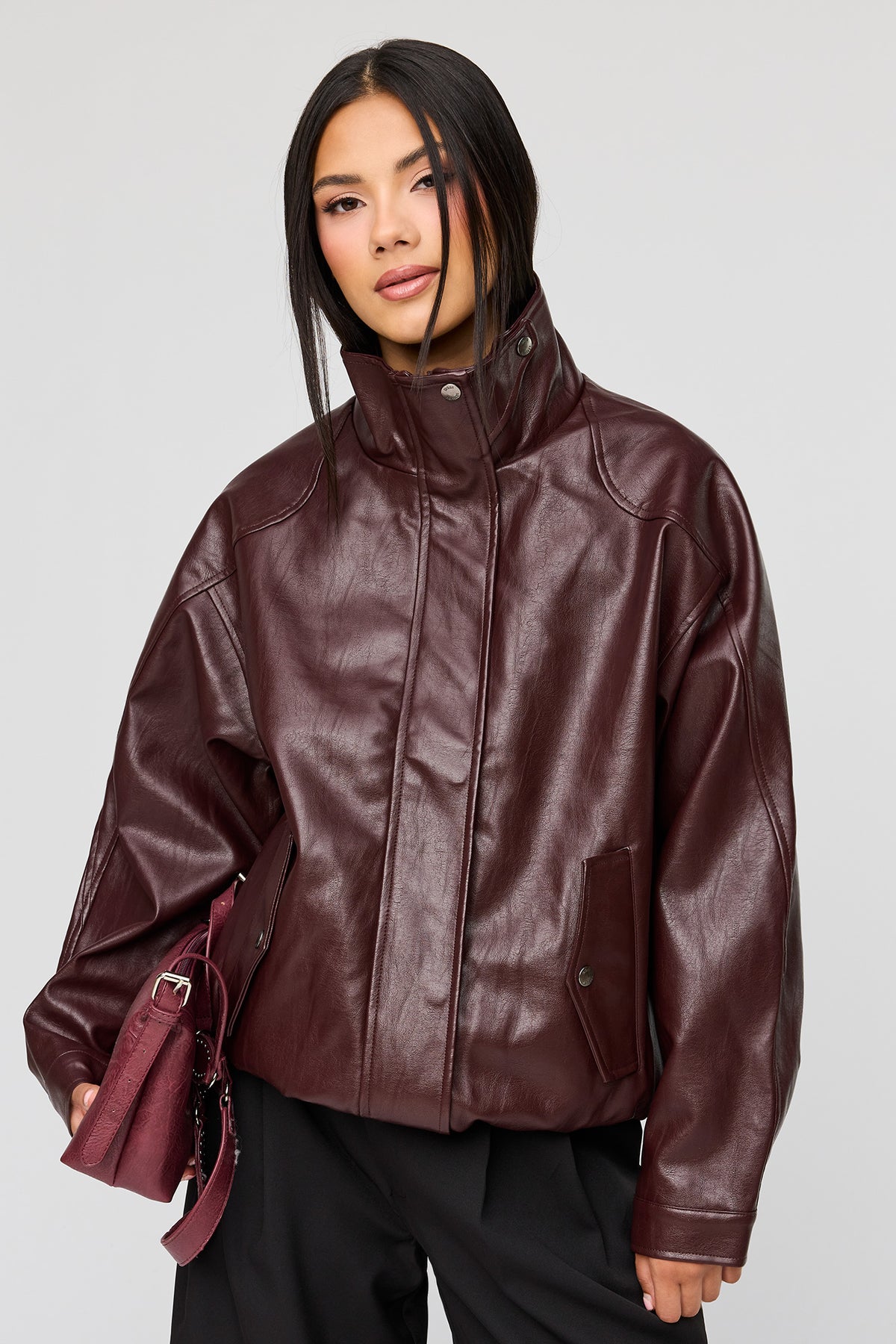 Oversized Faux Leather Jacket - Burgundy