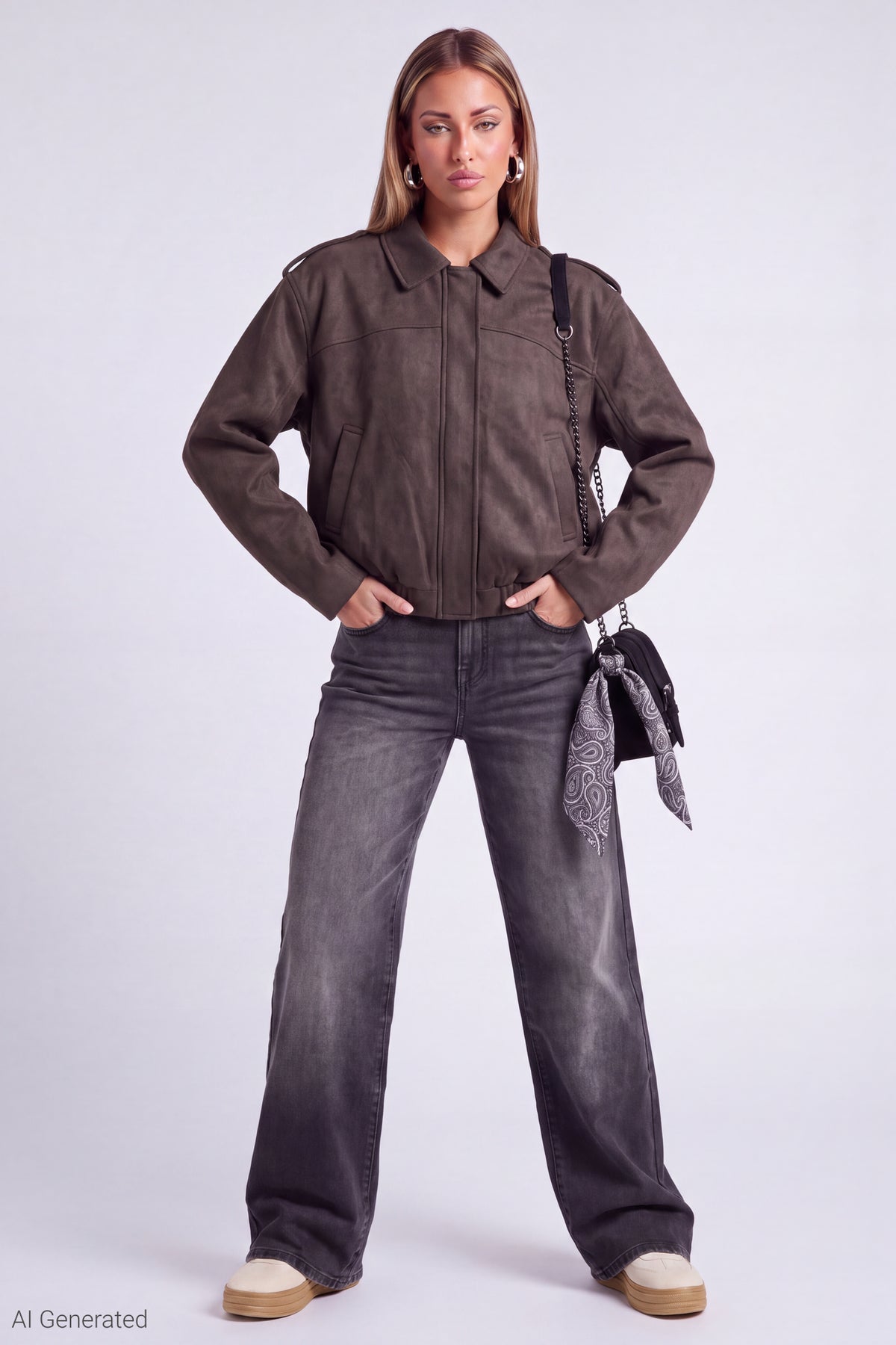 Alt View 2. Faux Suede Bomber Jacket - Brown