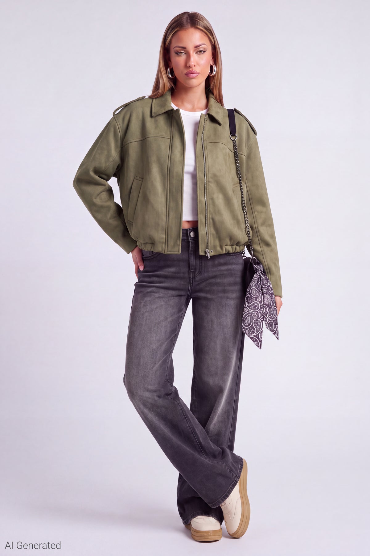 Alt View 2. Faux Suede Bomber Jacket - Dark Green