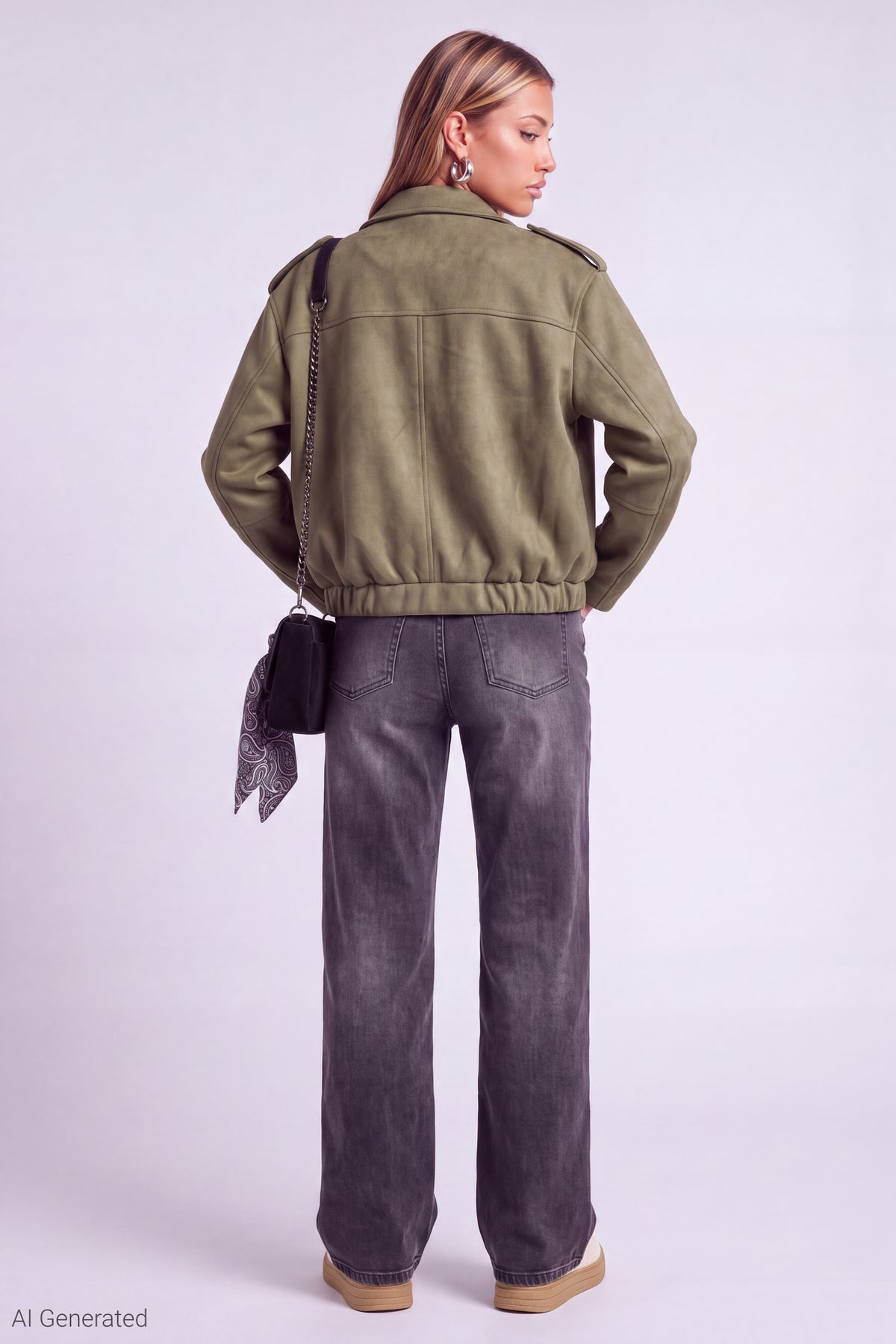 Alt View 3. Faux Suede Bomber Jacket - Dark Green