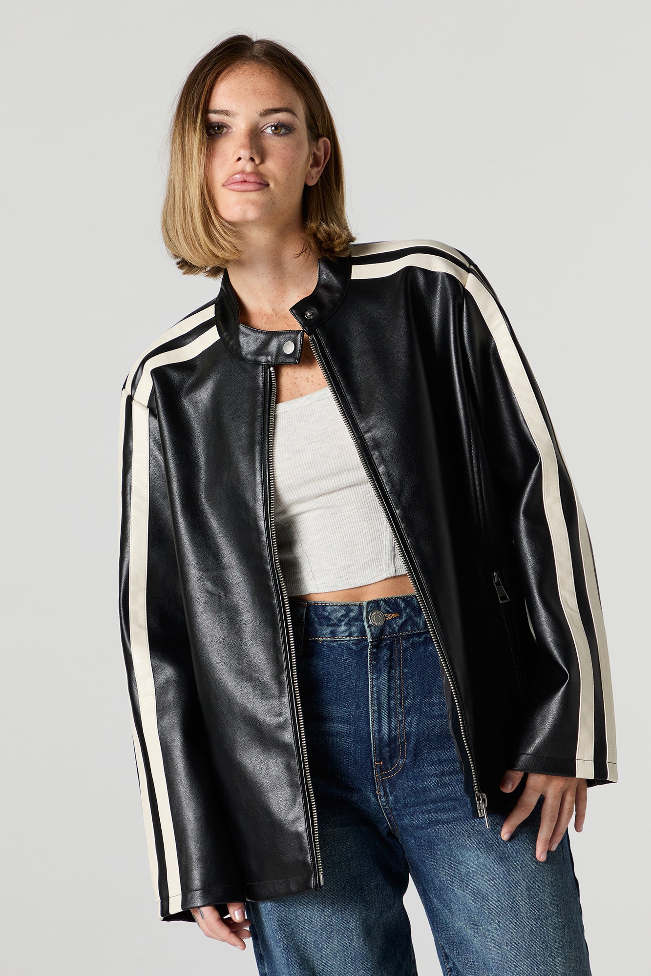 Shops contrasting faux leather jacket