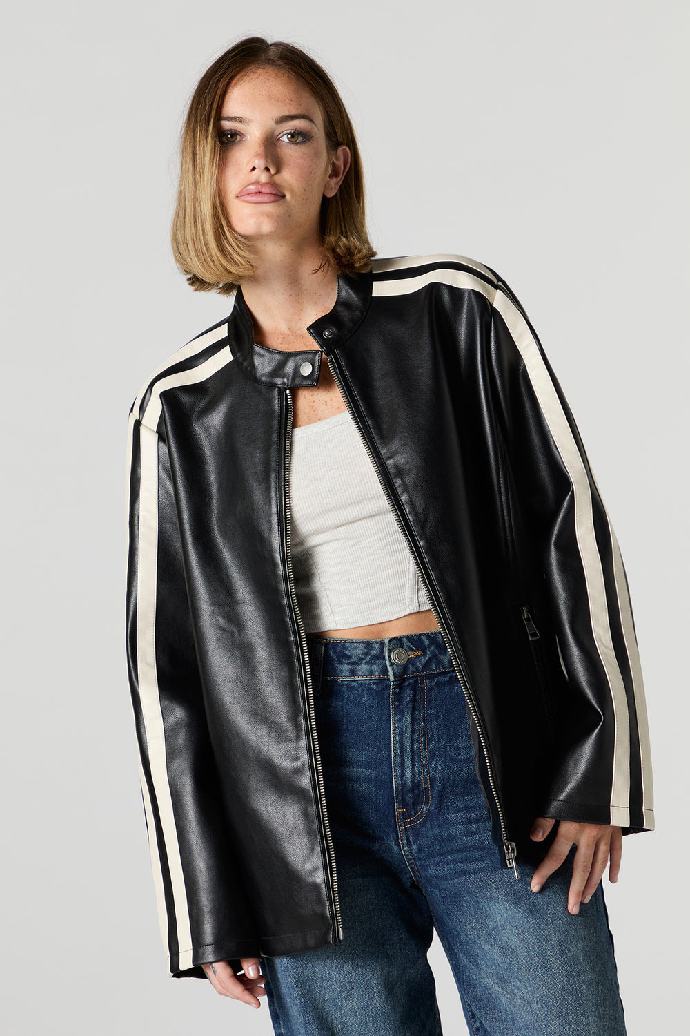 Oversized Contrast Stripe Faux Leather Jacket Charlotte Russe