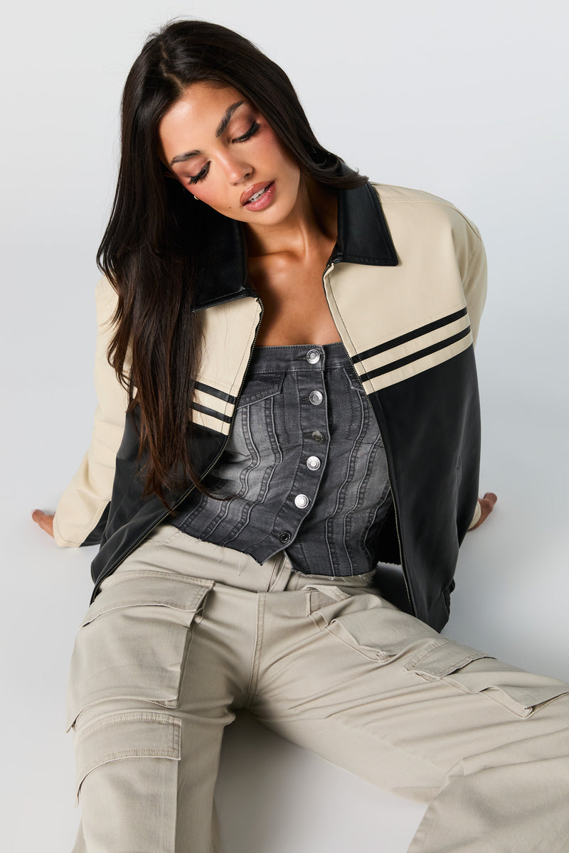 Oversized Colourblock Faux Leather Jacket