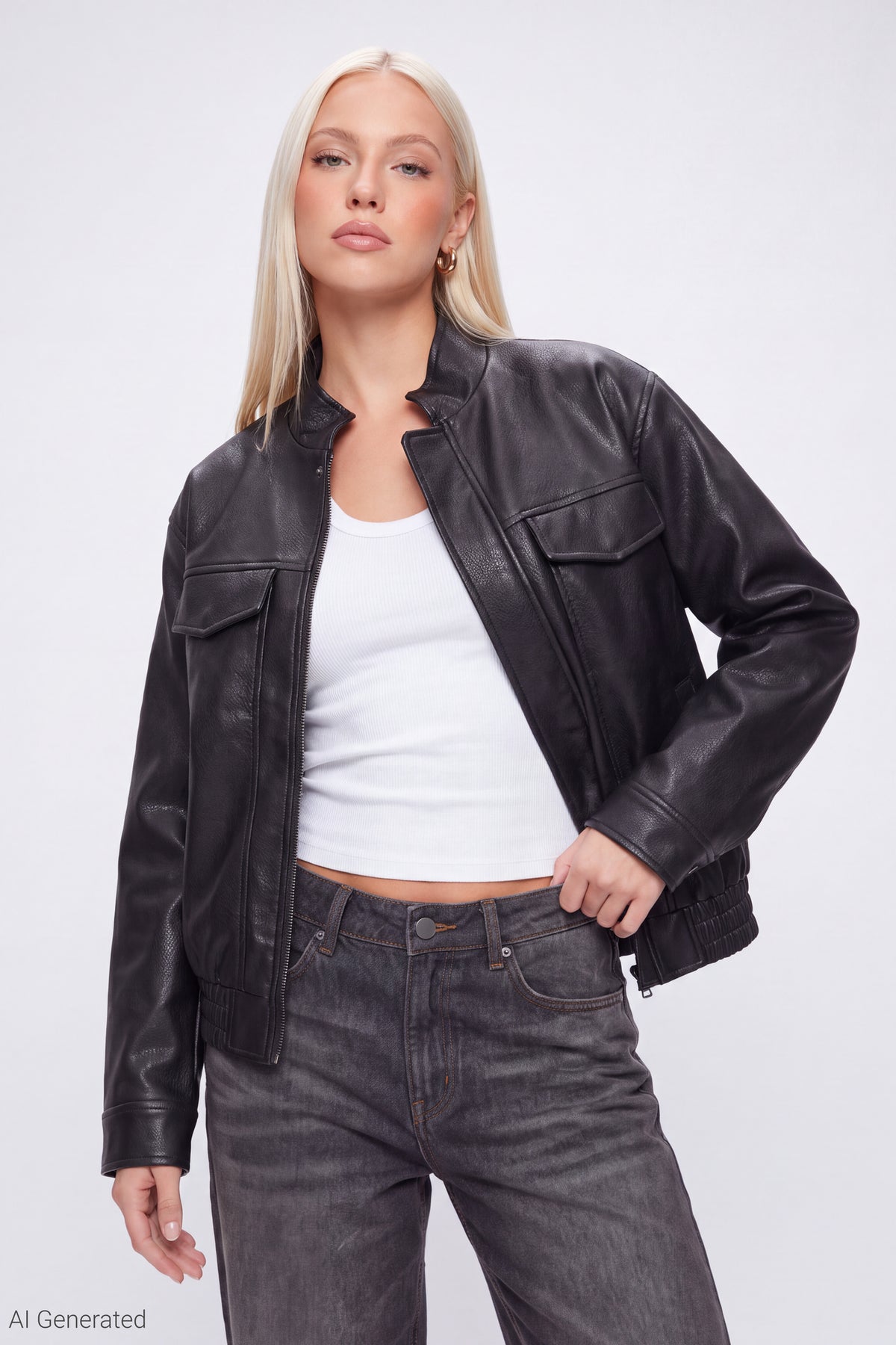 Faux Leather Bomber Jacket - Black