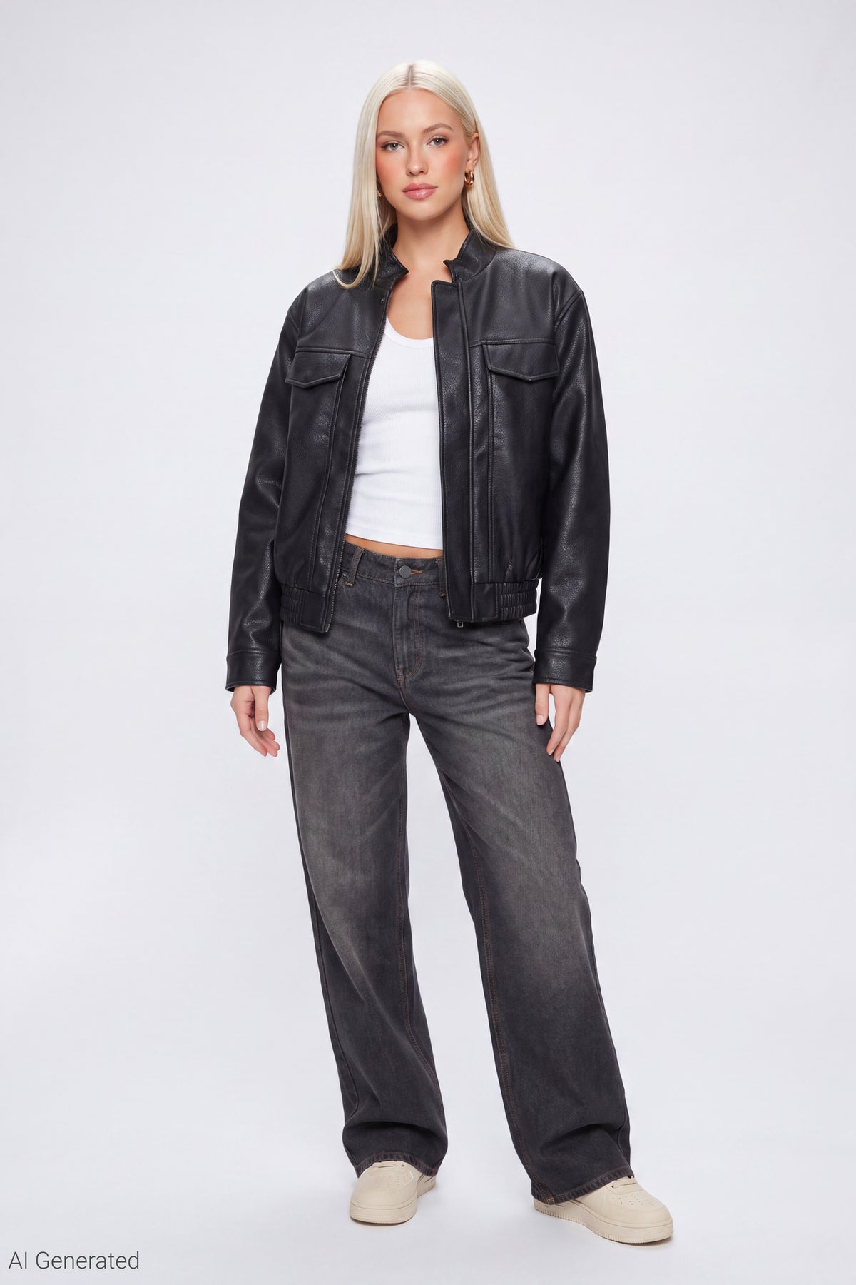 Alt View 2. Faux Leather Bomber Jacket - Black