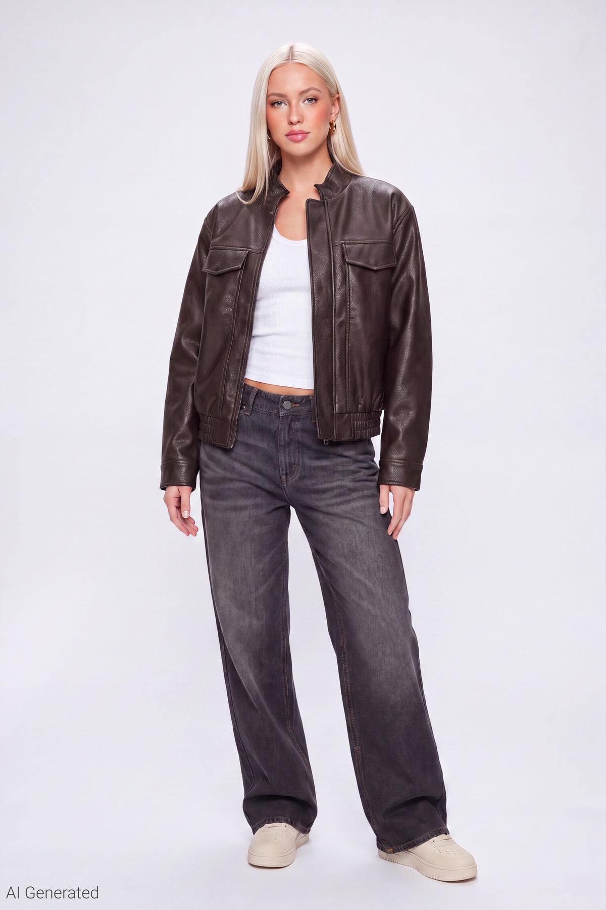 Alt View 2. Faux Leather Bomber Jacket - Brown
