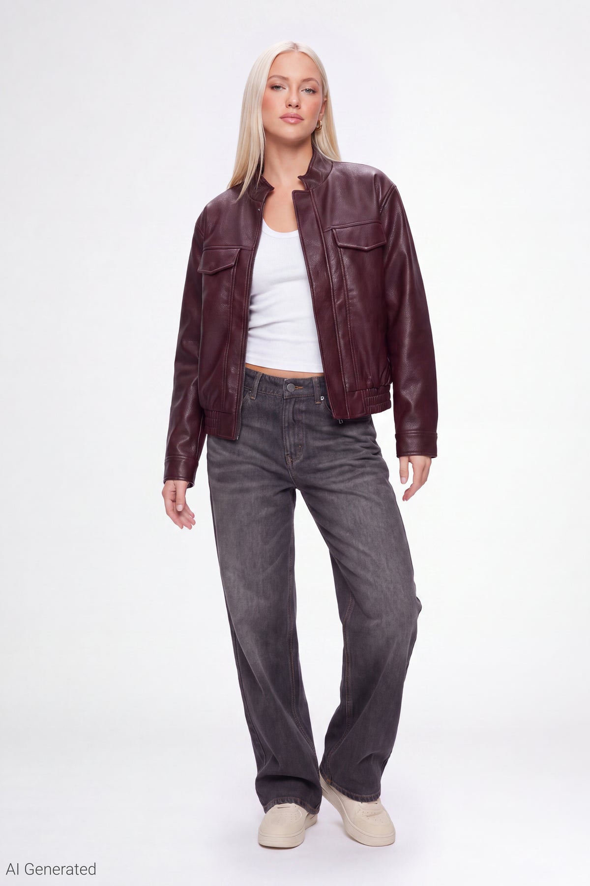 Alt View 2. Faux Leather Bomber Jacket - Burgundy