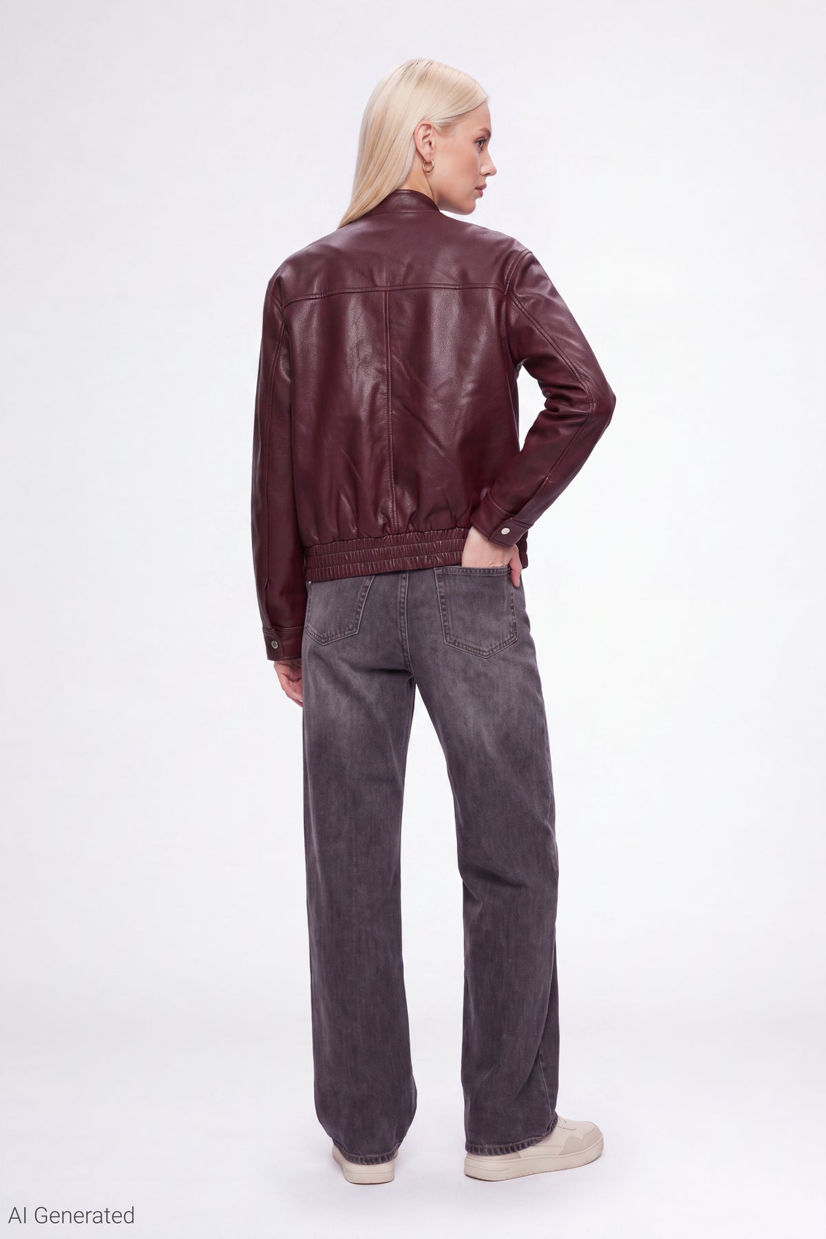 Alt View 3. Faux Leather Bomber Jacket - Burgundy