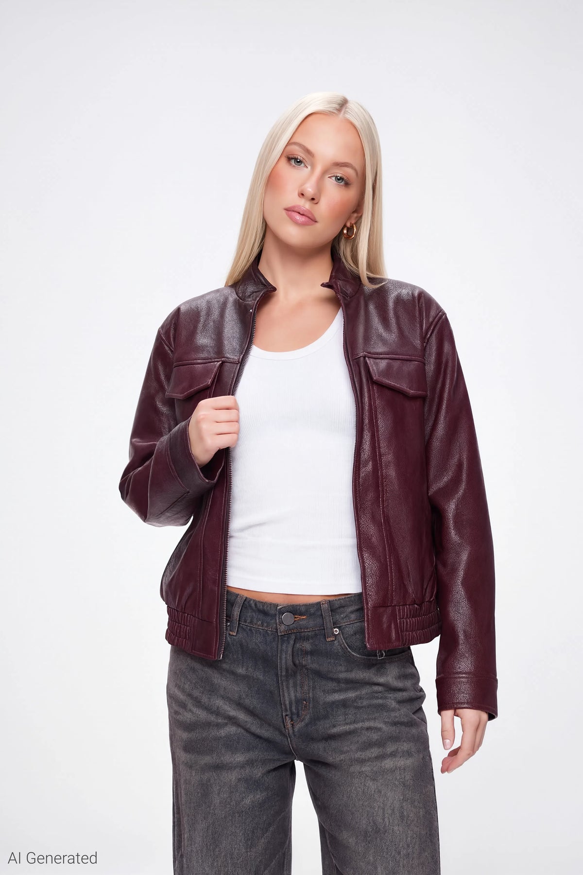 Faux Leather Bomber Jacket - Burgundy