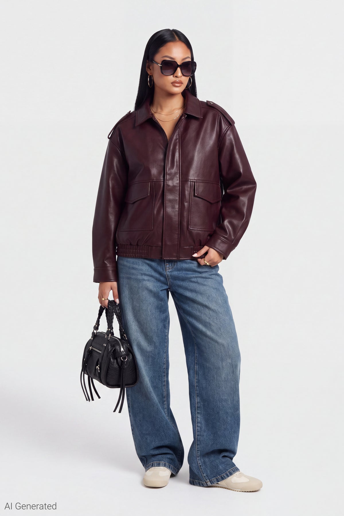 Alt View 2. Faux Leather Oversized Jacket - Burgundy